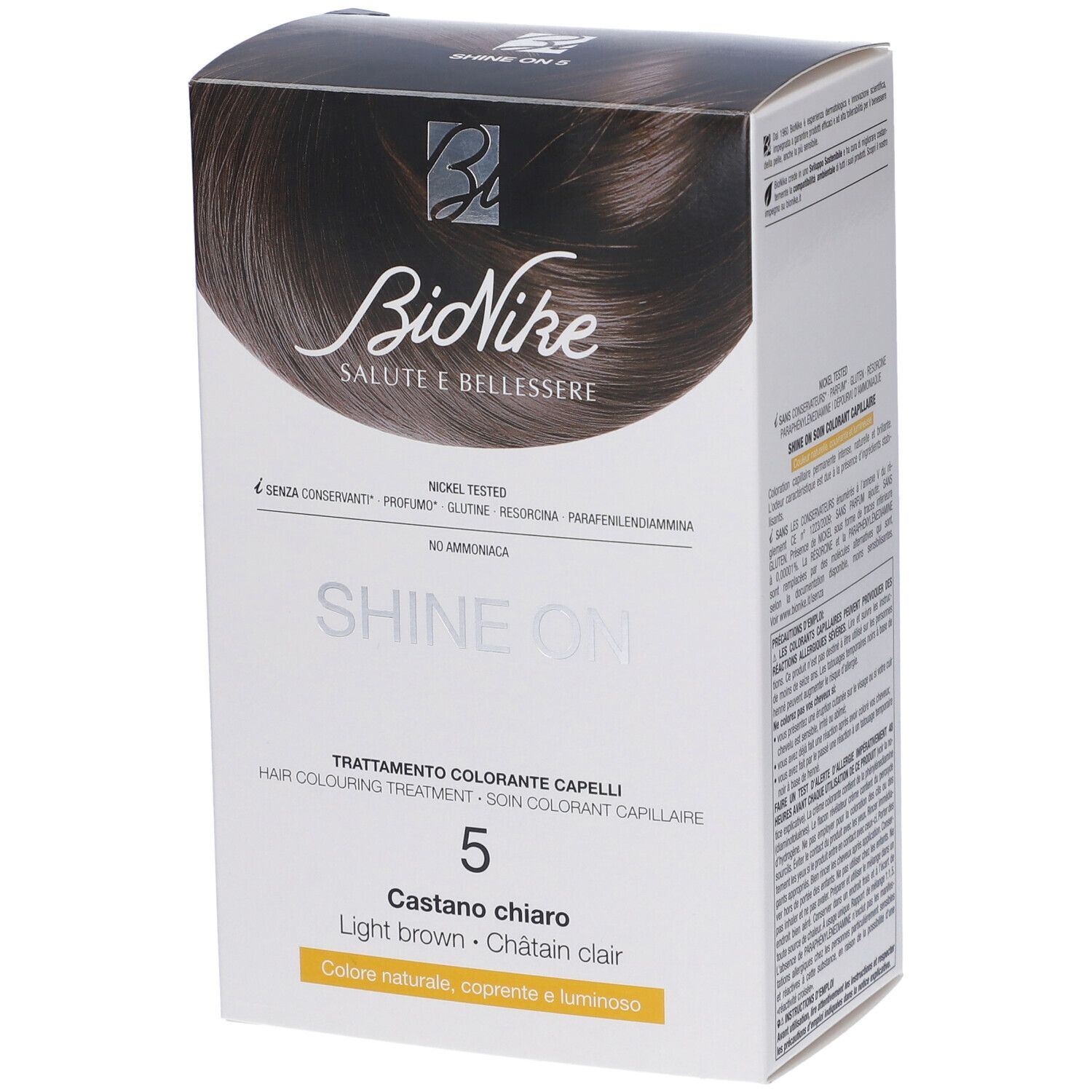 Confezione BioNike SHINE ON. Tinta per capelli castano chiaro n. 5. Scritte: Nickel tested, senza conservanti.
