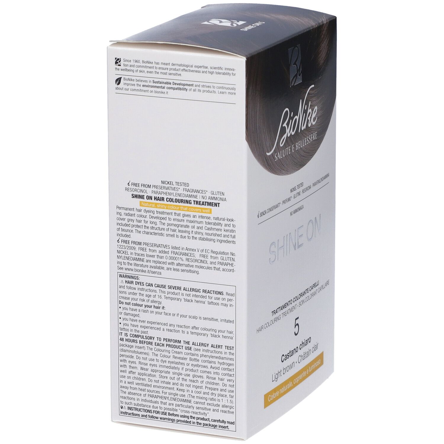 Confezione BioNike SHINE ON. Vista laterale con testo. Ingredienti e avvertenze. Nickel tested.
