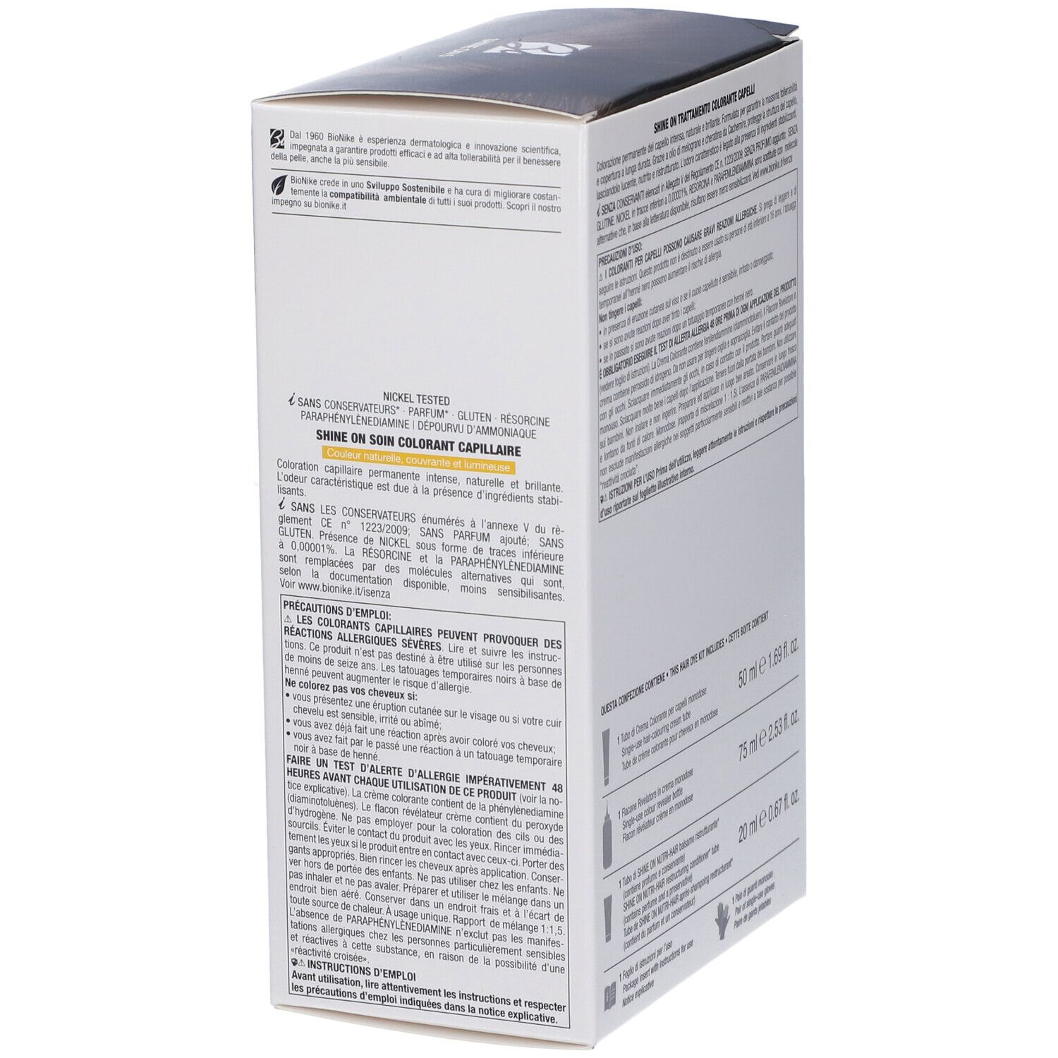 Confezione BioNike SHINE ON. Vista posteriore con testo. Ingredienti, avvertenze, istruzioni per l'uso. Nickel tested.