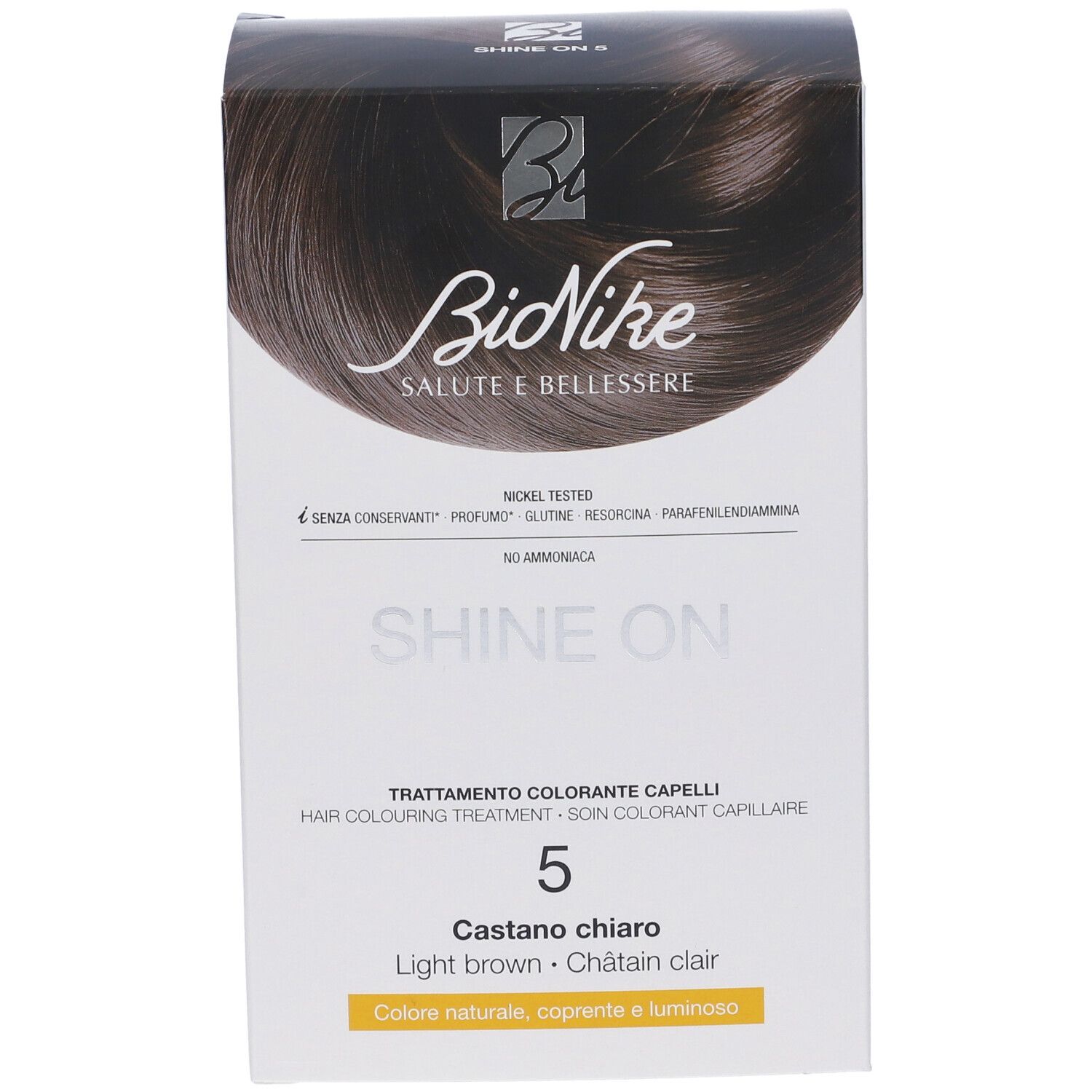 Confezione BioNike SHINE ON. Tinta per capelli castano chiaro n. 5. Scritte: Nickel tested, senza conservanti.