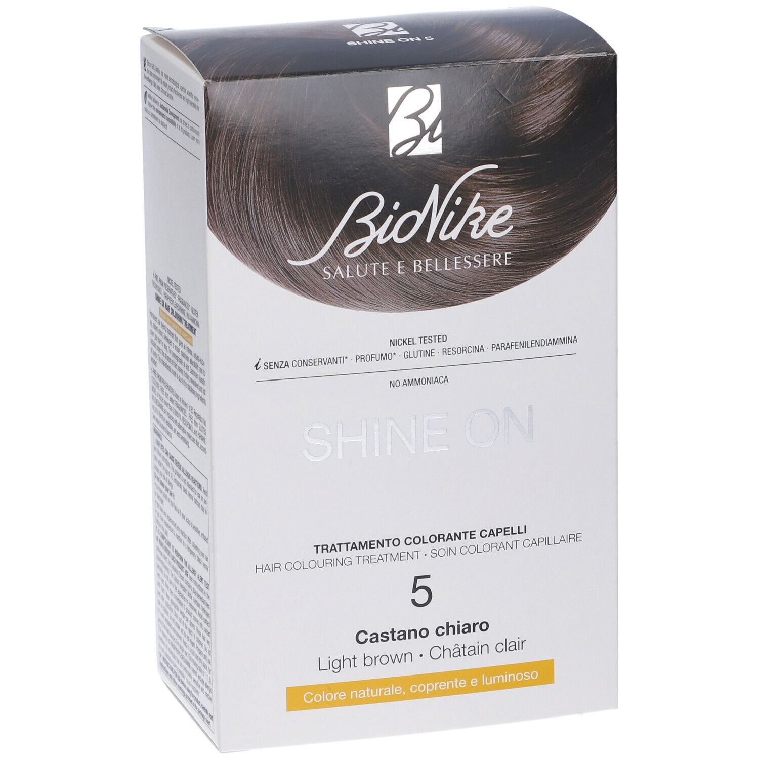 Confezione BioNike SHINE ON. Tinta per capelli castano chiaro n. 5. Scritte: Nickel tested, senza conservanti.