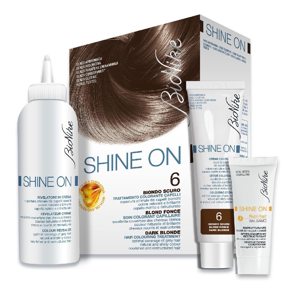 BioNike SHINE ON 6, Haarfarbeprodukt. Enthält Flasche, Tube, Creme und Balsam. Verpackung mit Produktabbildung.