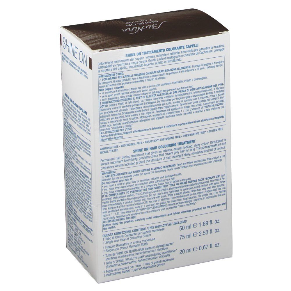 BioNike Shine On Colorante Capelli 7 Biondo. Rückseite der Verpackung. Text in mehreren Sprachen. Enthält Informationen zum Produkt.