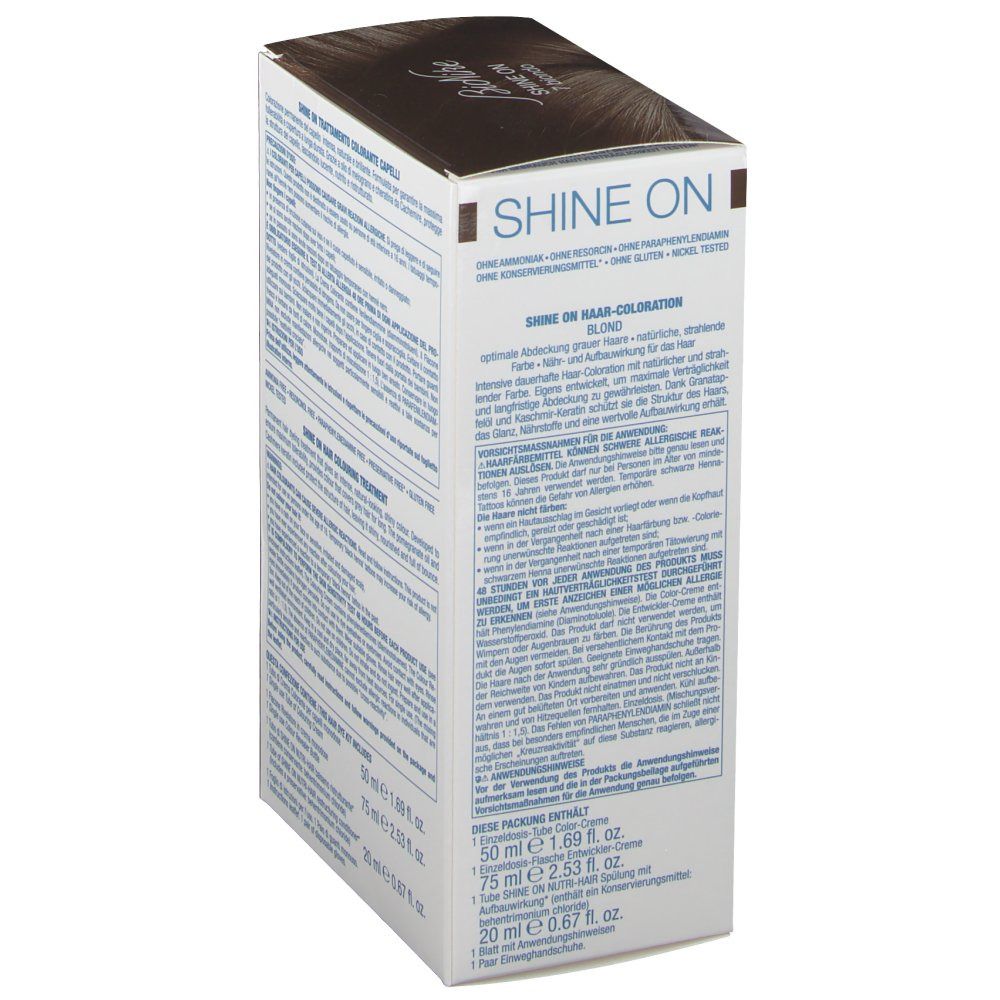 BioNike Shine On Colorante Capelli 7 Biondo. Rückseite der Verpackung. Text in mehreren Sprachen. Enthält Informationen zum Produkt.