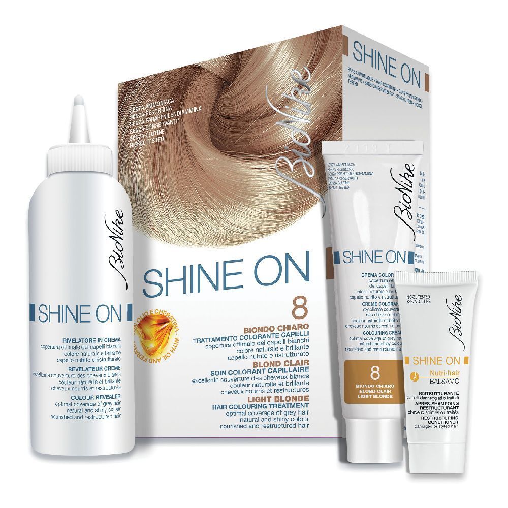 BioNike Shine On 8 Blond clair. Kit de coloration capillaire avec flacon, tube et boîte. Inscriptions : marque, nom, nuance.