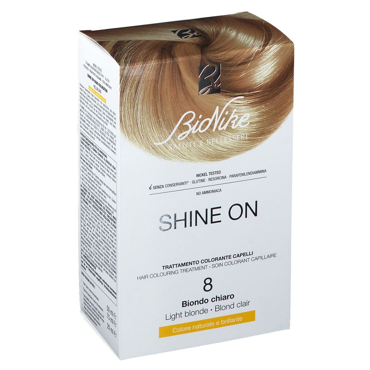 BioNike Shine On 8 Blond clair. Boîte de coloration capillaire. Inscriptions : marque, nom, nuance, illustration de couleur.