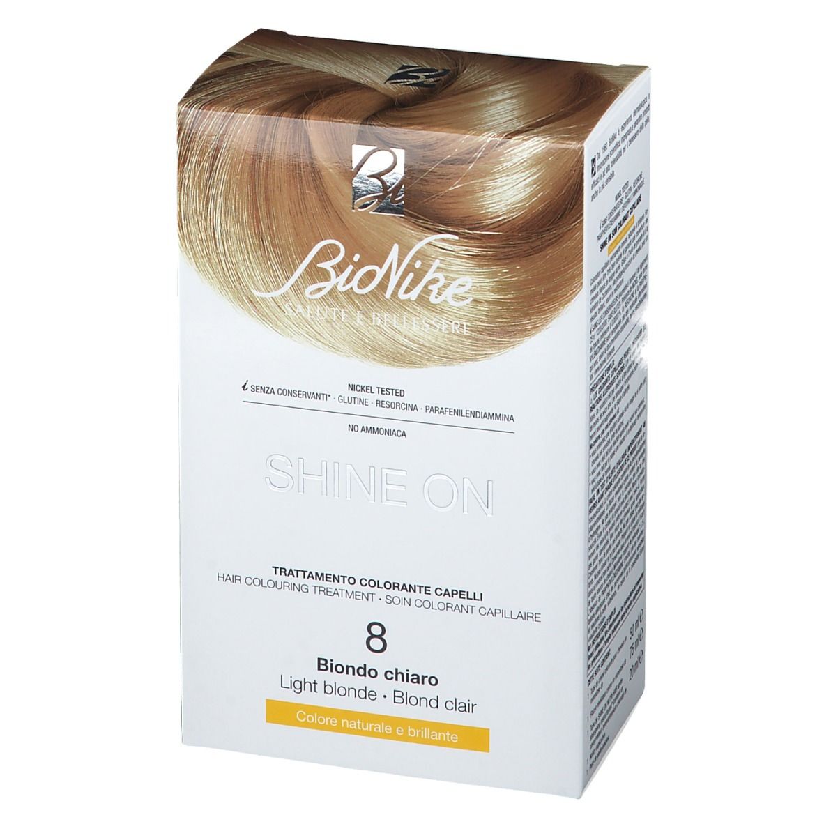 BioNike Shine On 8 Blond clair. Boîte de coloration capillaire. Vue en biais. Inscriptions : marque, nom, nuance, illustration couleur.