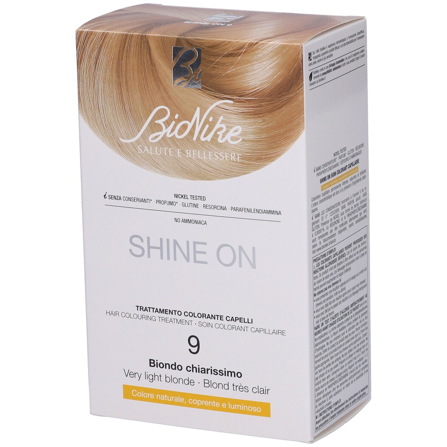 BioNike Shine On Haarfarbepackung. Aufdruck: 9, Biondo chiarissimo, Very light blonde, Blond très clair. Deckkraft.