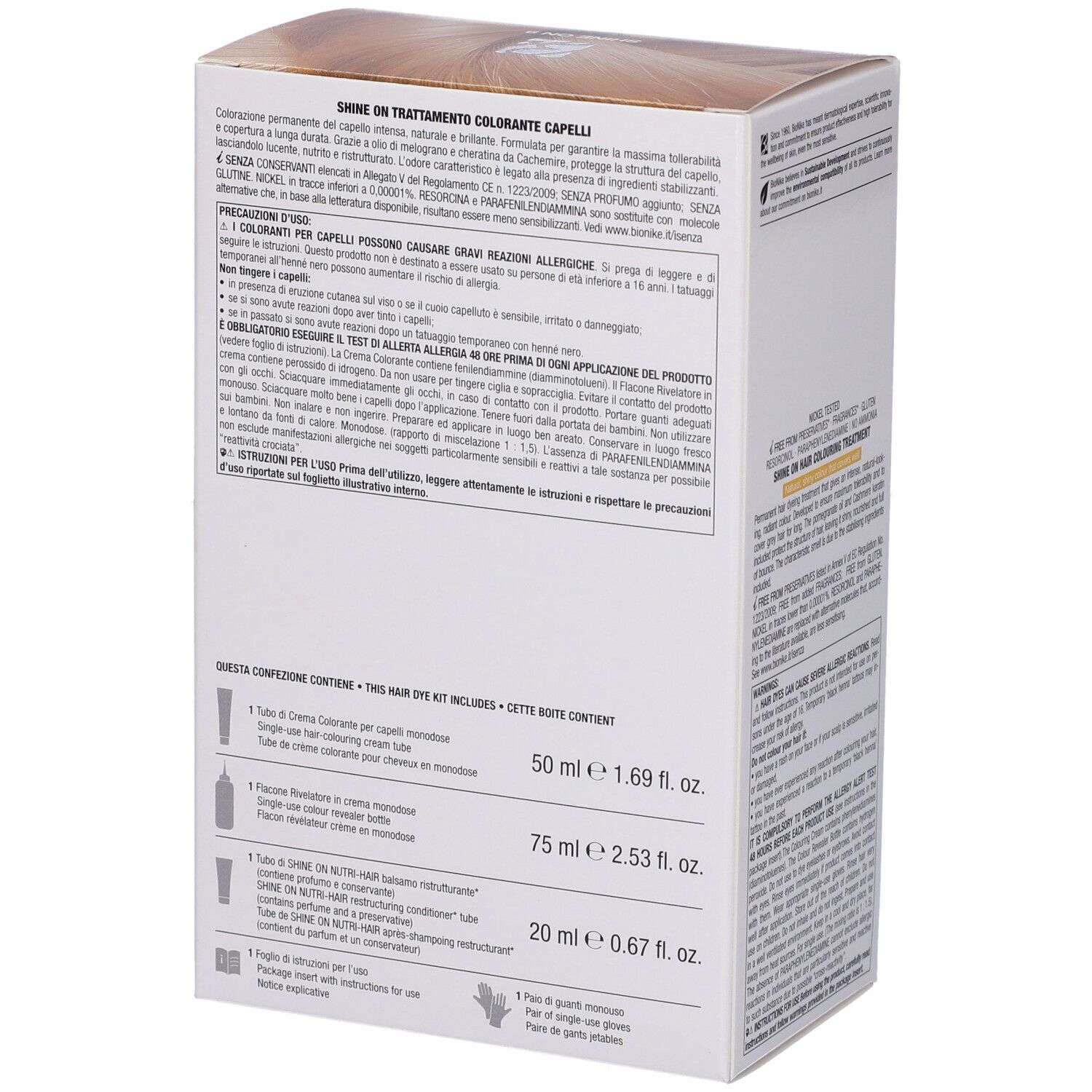 BioNike Shine On Haarfarbepackung. Rückseite mit Inhaltsangaben. Enthält: Creme, Balsam, Shampoo. 50ml, 75ml, 20ml.