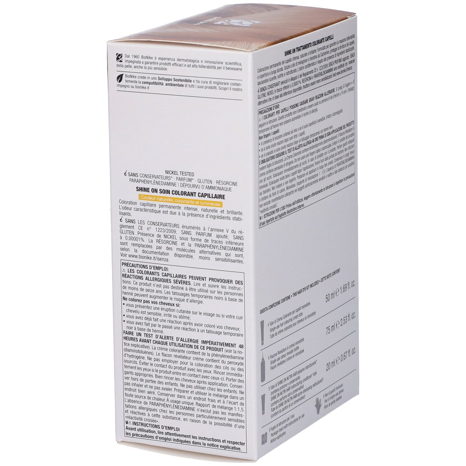 BioNike Shine On Haarfarbepackung. Seitenansicht mit Text. Inhaltsstoffe, Vorsichtsmaßnahmen. 50ml, 75ml, 20ml.