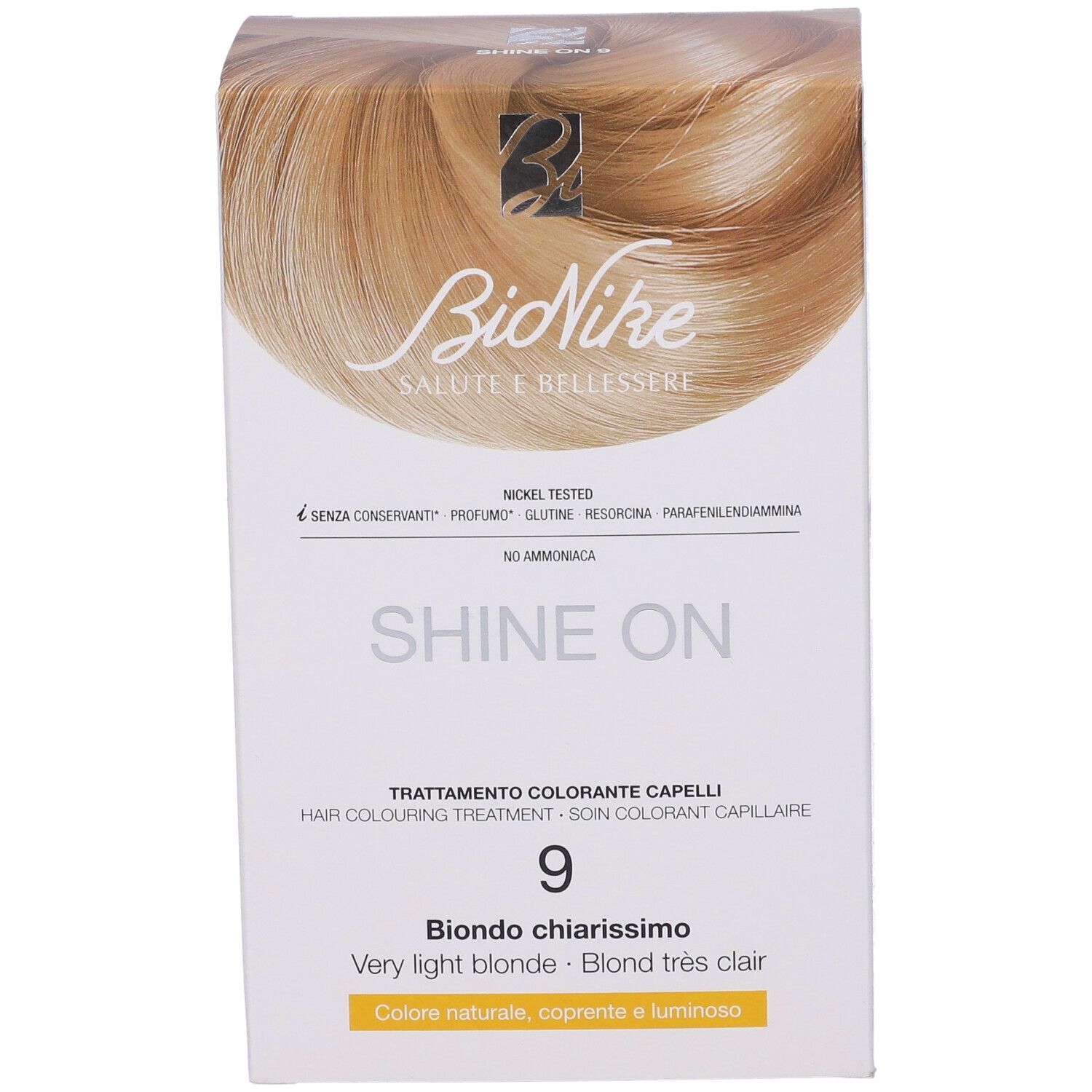 BioNike Shine On Haarfarbepackung. Aufdruck: 9, Biondo chiarissimo, Very light blonde, Blond très clair. Deckkraft.