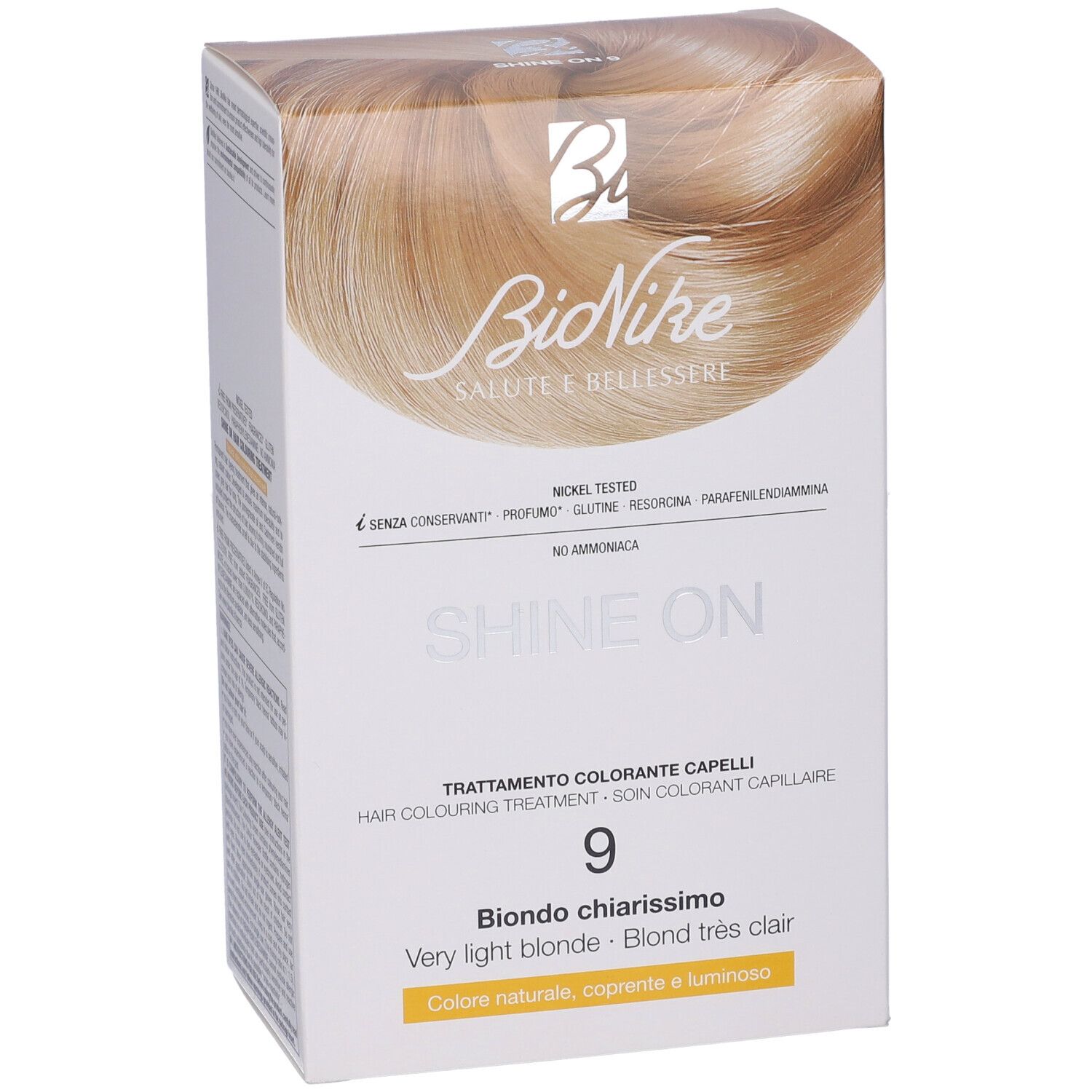 BioNike Shine On Haarfarbepackung. Aufdruck: 9, Biondo chiarissimo, Very light blonde, Blond très clair. Deckkraft.