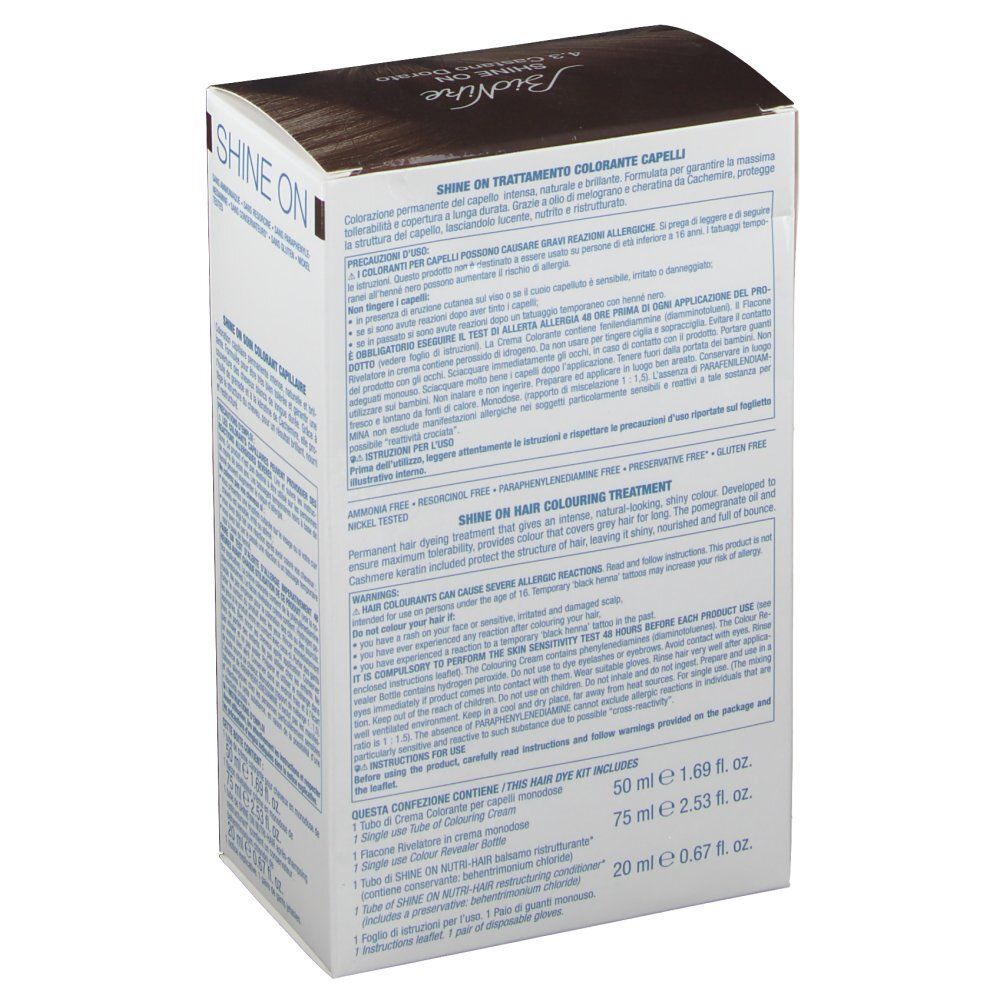 Rückseite der BioNike Shine On 4.3 Castano Dorato Haarfarben-Packung. Enthält Text und Produktinformationen. Aufschrift: Shine On.
