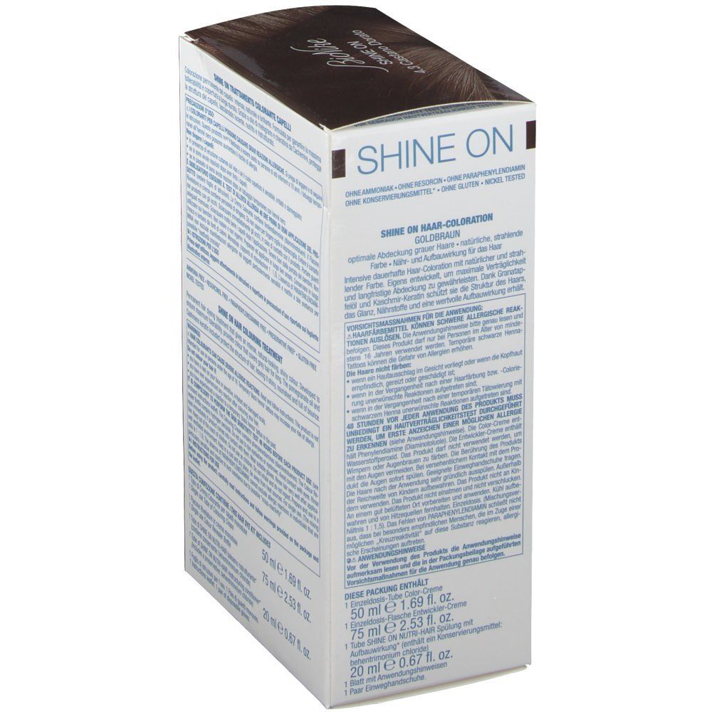 Seitenansicht der BioNike Shine On 4.3 Castano Dorato Haarfarben-Packung. Enthält Text und Produktinformationen. Aufschrift: Shine On.