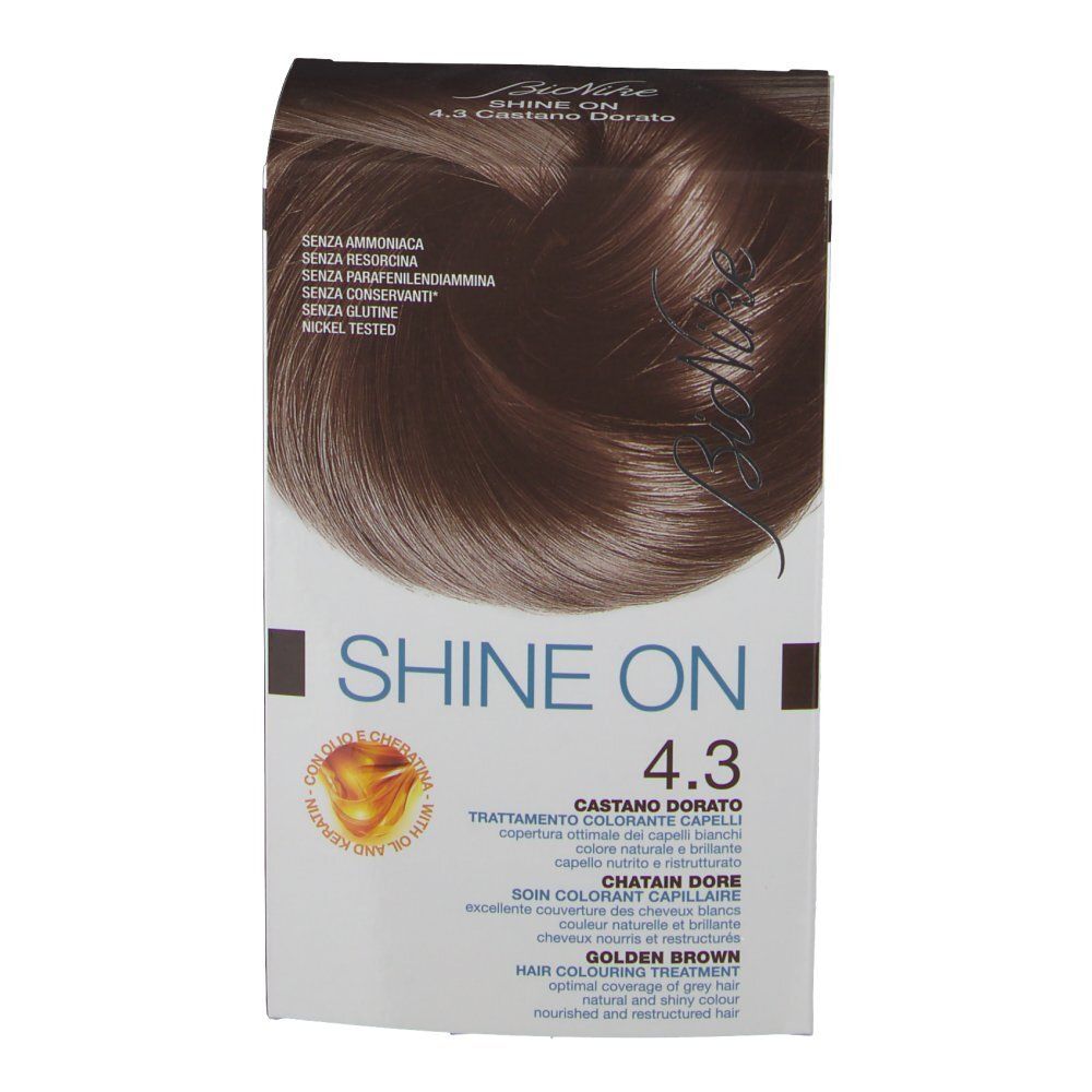 BioNike Shine On 4.3 Castano Dorato Haarfarben-Packung. Enthält Text und Produktabbildung. Aufschrift: 4.3 Golden Brown. Mit Abbildung von Haar.