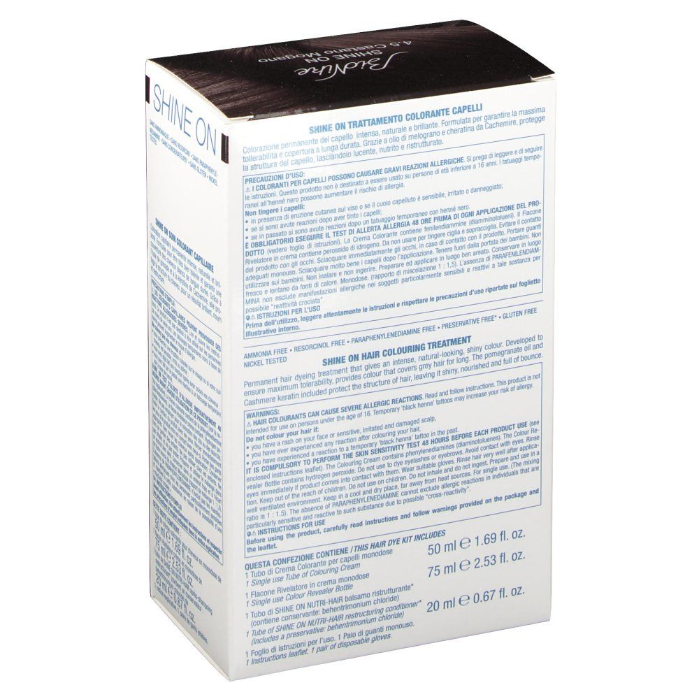 Verpackung für Haarcoloration mit 'Shine On' Aufschrift.