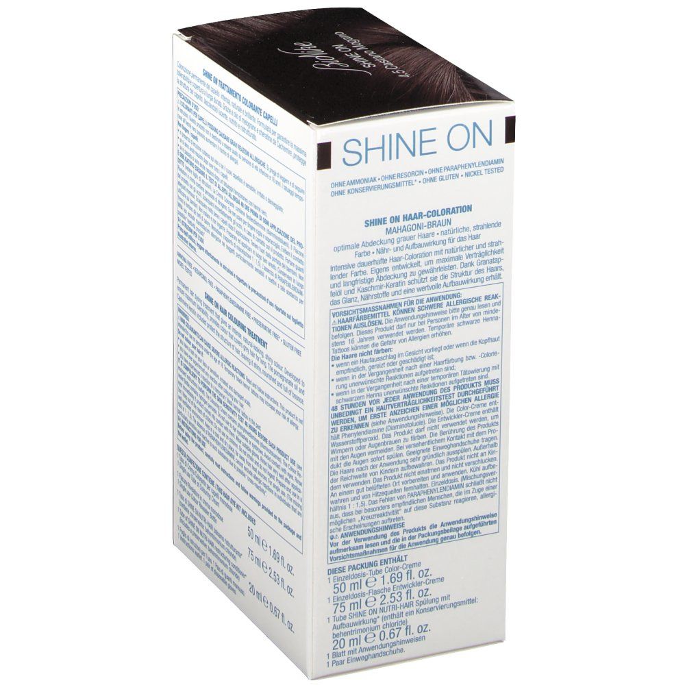 Shine On Haar-Coloration in Maronen Braun. Enthält 50 ml Color-Creme, 75 ml Pflege-Balsam und 20 ml Intensiv-Kur.