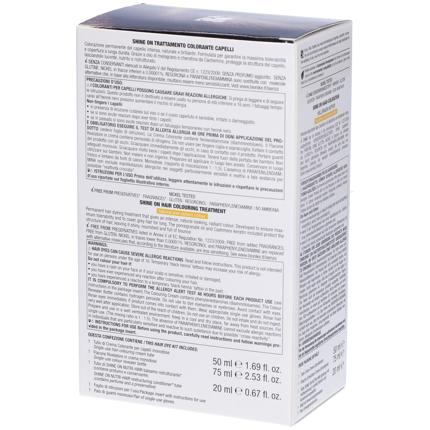 Seite der BioNike Shine On Haarfarben-Box. Enthält Produktinformationen, Inhaltsstoffe und Anweisungen.