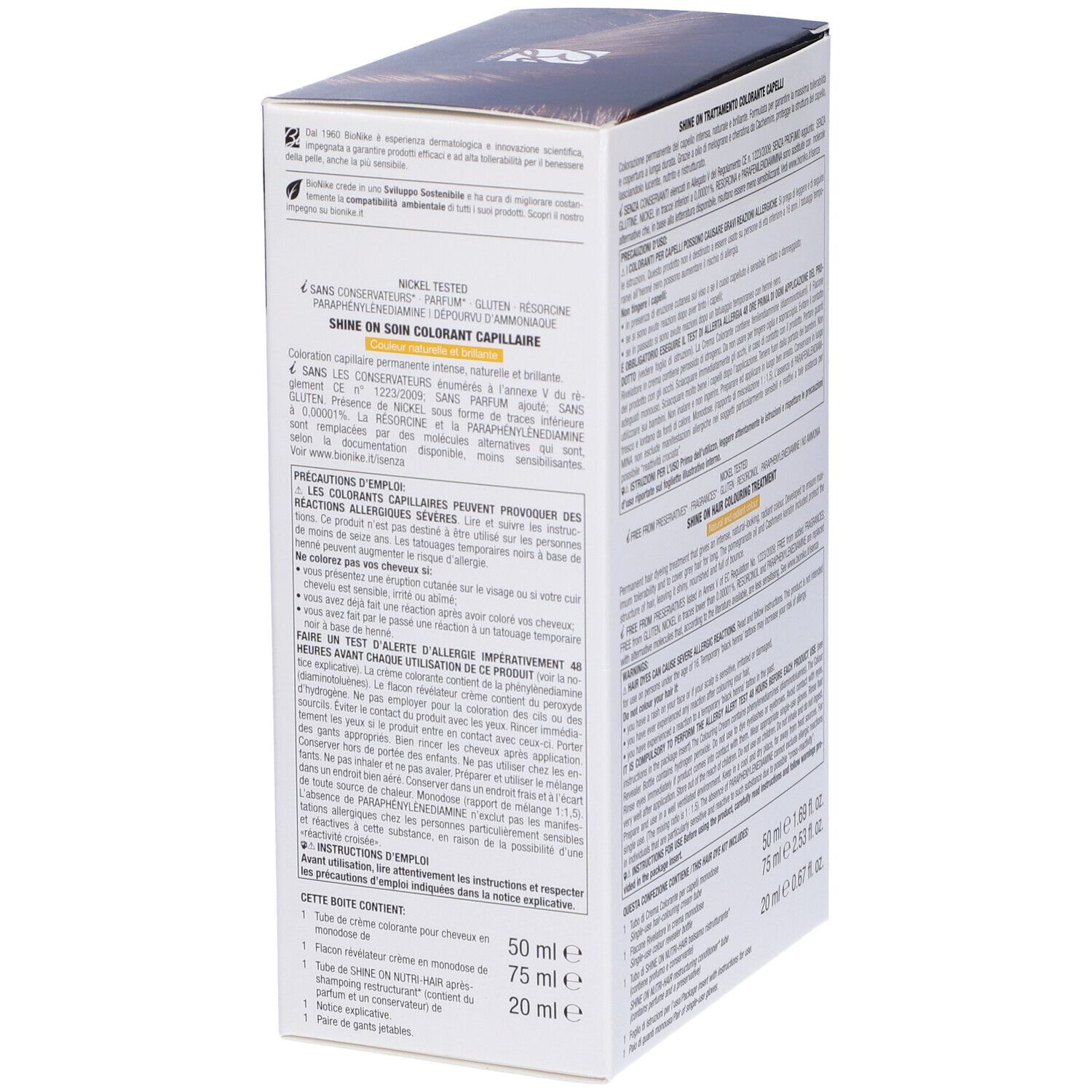 Seite der BioNike Shine On Haarfarben-Box. Enthält Produktinformationen, Inhaltsstoffe und Anweisungen.