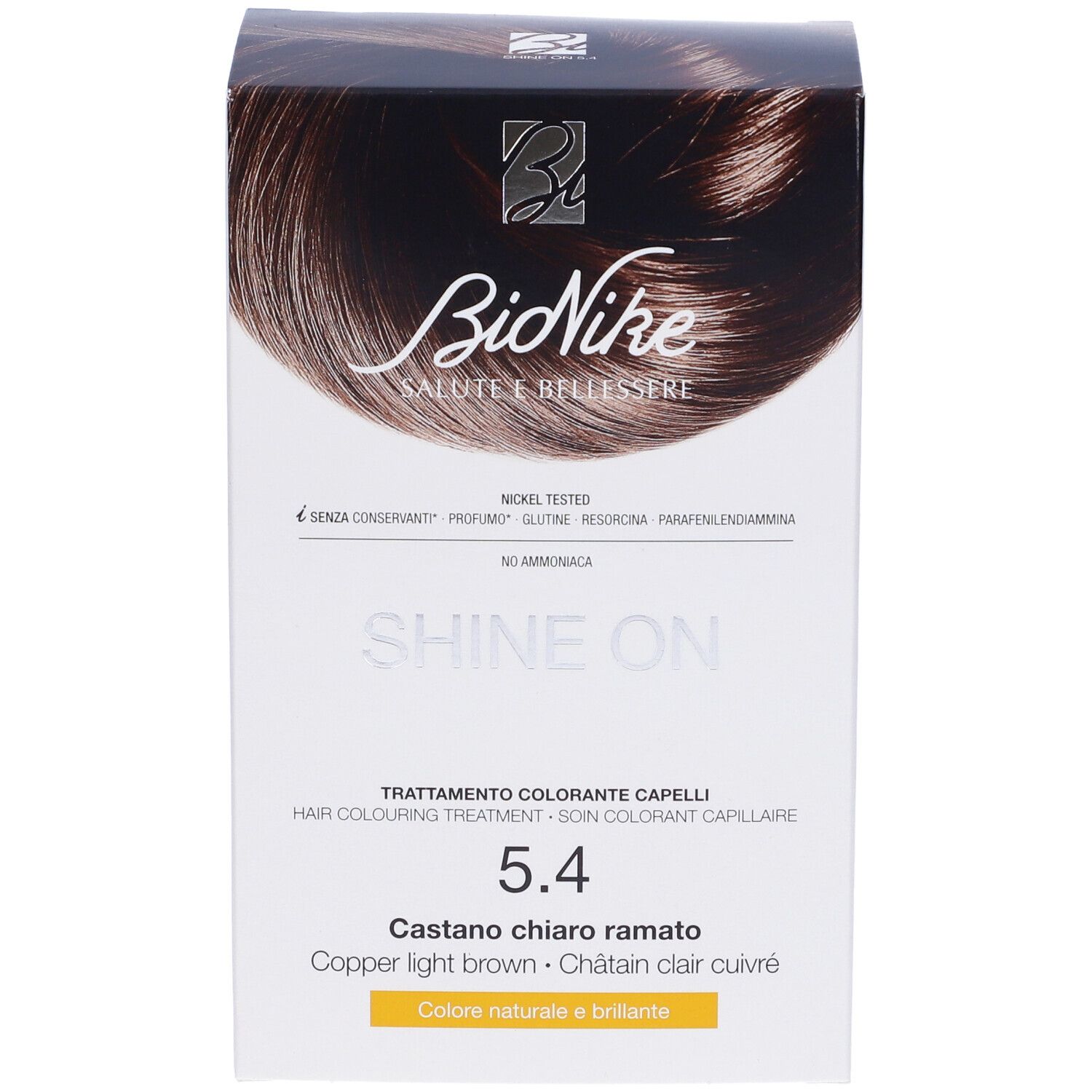 BioNike Shine On Haarfarben-Box. Farbton 5.4, Kupfer-Hellbraun. Nickel getestet. Produktverpackung mit Produktinformationen.