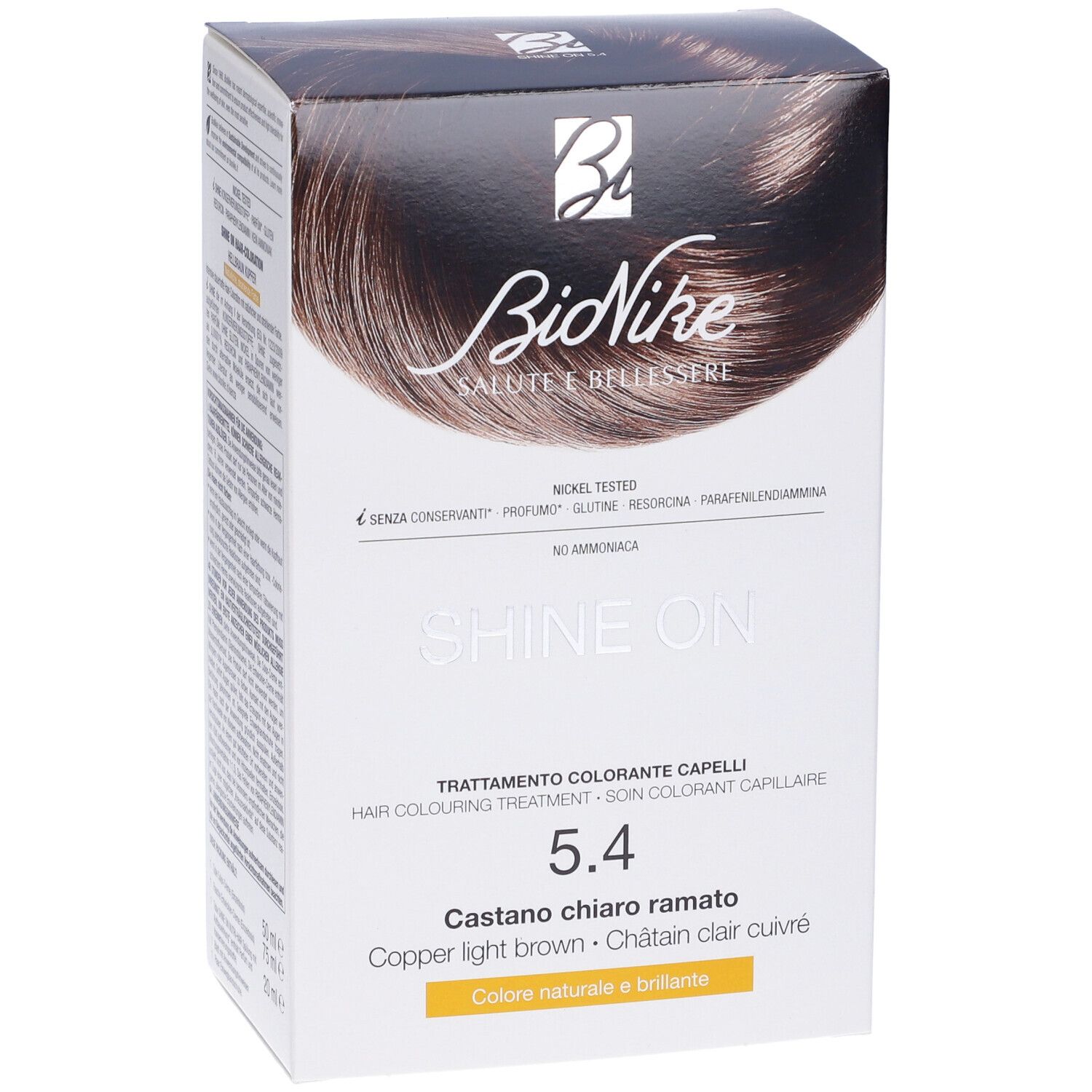 BioNike Shine On Haarfarben-Box. Farbton 5.4, Kupfer-Hellbraun. Nickel getestet. Produktverpackung mit Produktinformationen.