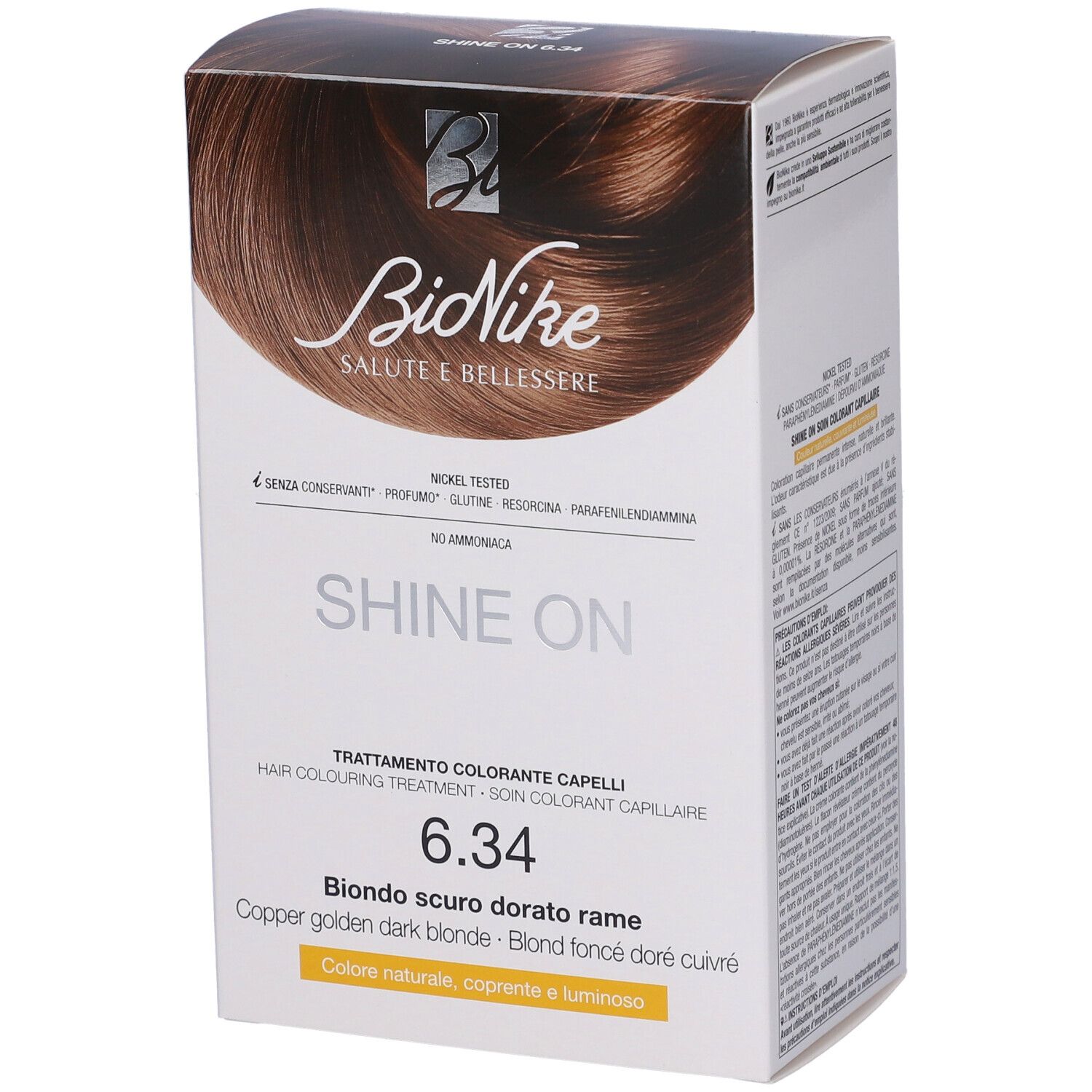 BioNike SHINE ON 6.34 Haarfarbe. Verpackung mit Produktabbildung und Text. Aufschrift: Bionike, Salute e Benessere.