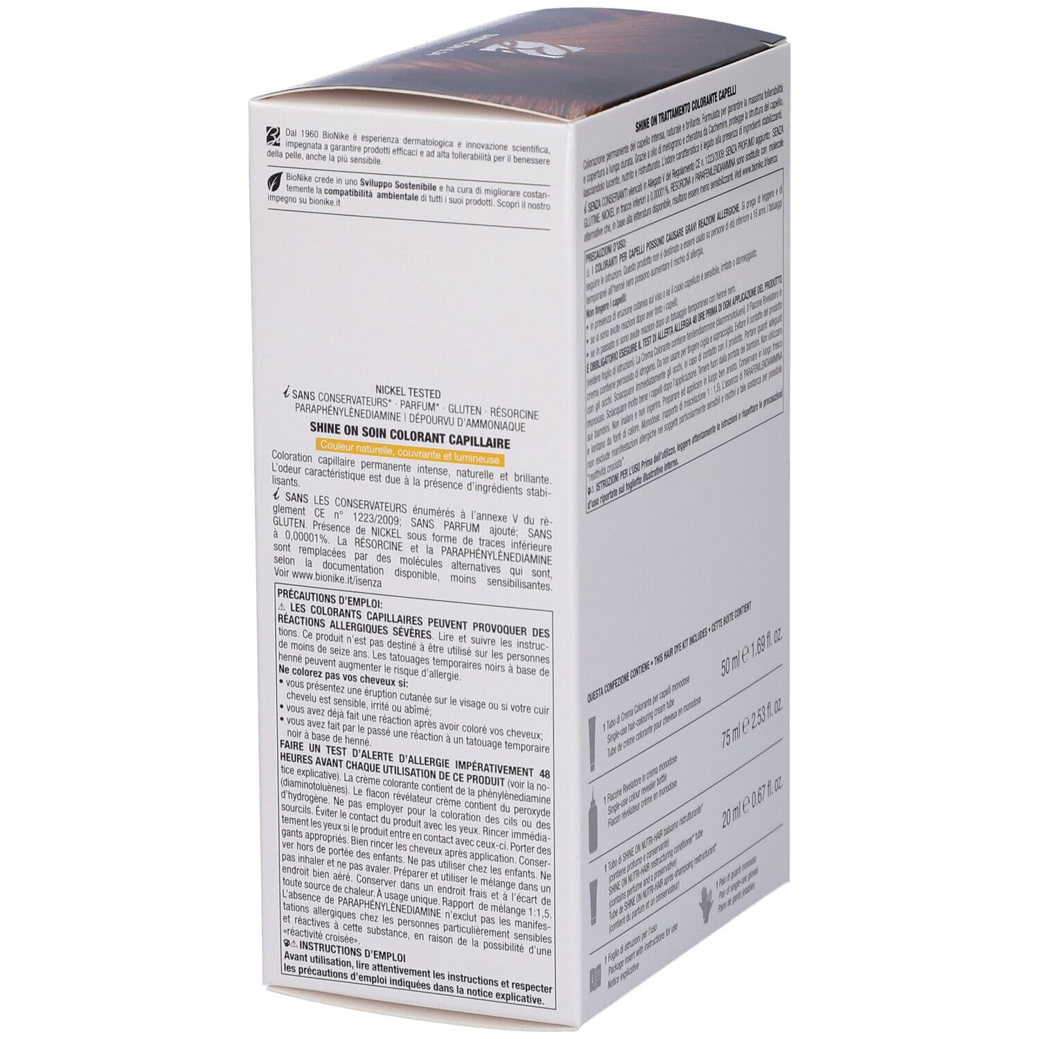 BioNike SHINE ON 6.34 Haarfarbe. Verpackung mit Text. Aufschrift: Bionike, Salute e Benessere. Enthält Informationen zur Anwendung.