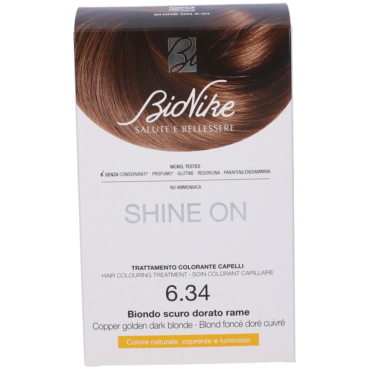 BioNike SHINE ON 6.34 Haarfarbe. Verpackung mit Produktabbildung und Text. Aufschrift: Bionike, Salute e Benessere.