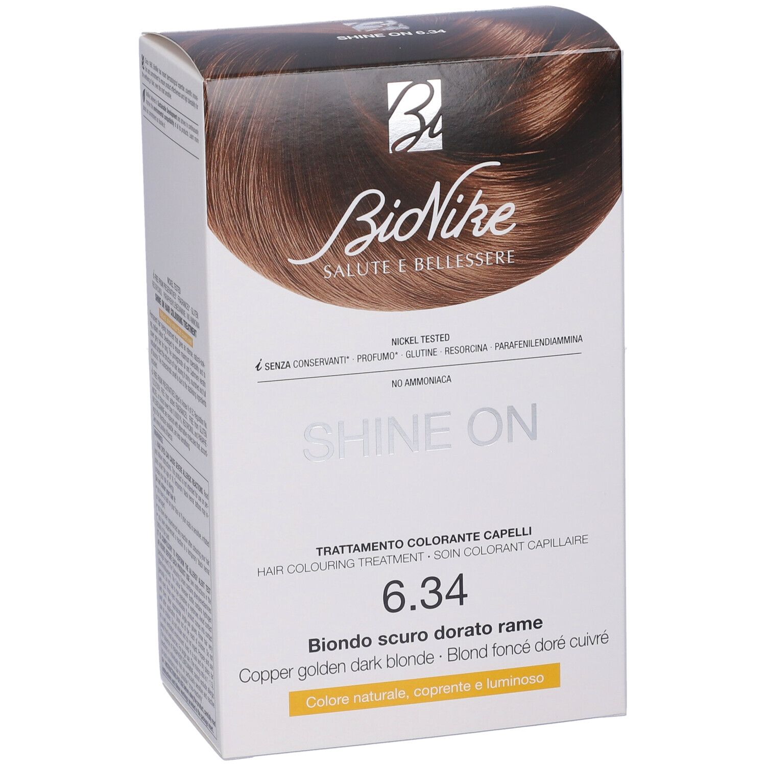 BioNike SHINE ON 6.34 Haarfarbe. Verpackung mit Produktabbildung und Text. Aufschrift: Bionike, Salute e Benessere.