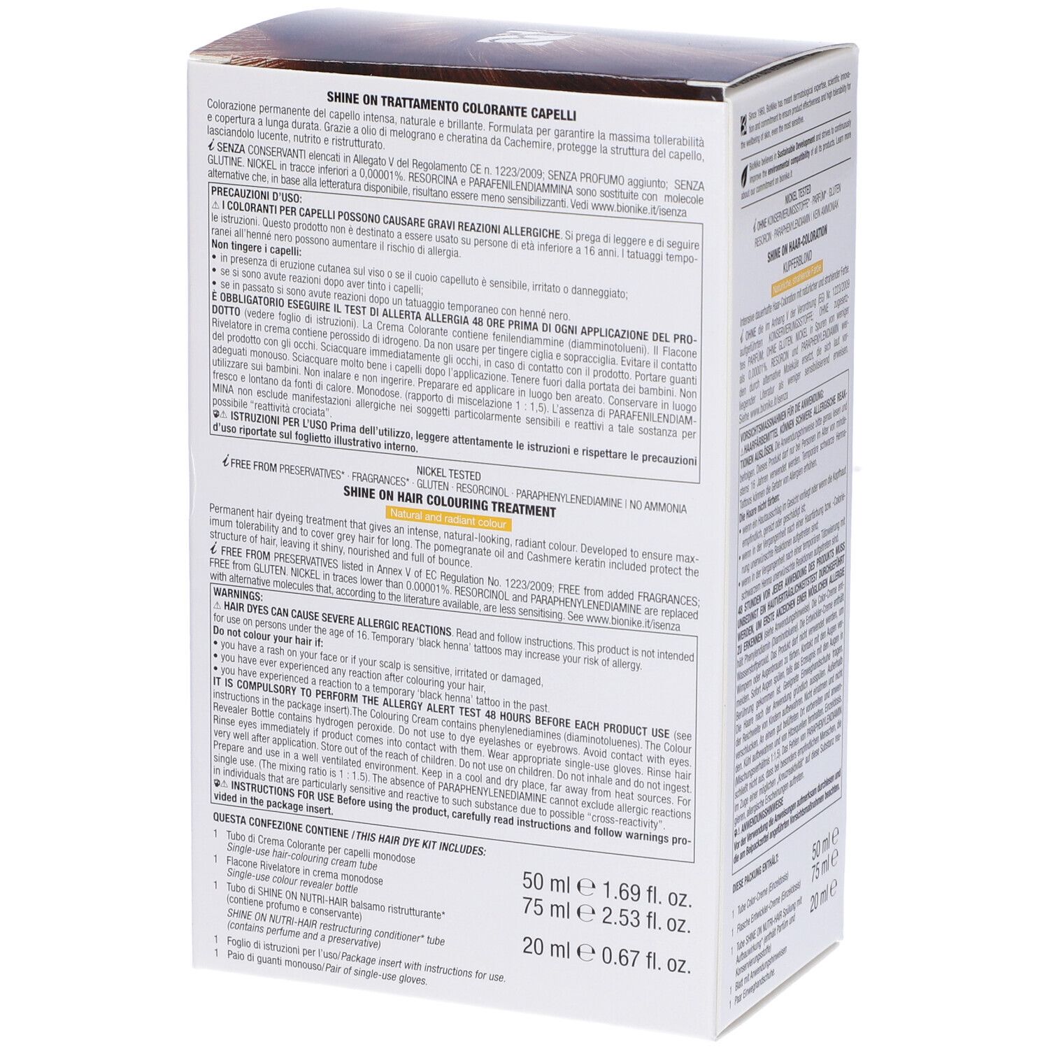 BioNike Shine On Verpackung, Rückseite. Text in Deutsch, Italienisch, Französisch. Enthält Informationen zum Produkt.