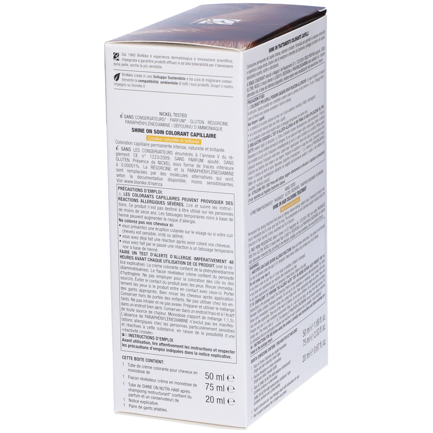 BioNike Shine On Verpackung, Rückseite. Text in Deutsch, Italienisch, Französisch. Enthält Informationen zum Produkt.