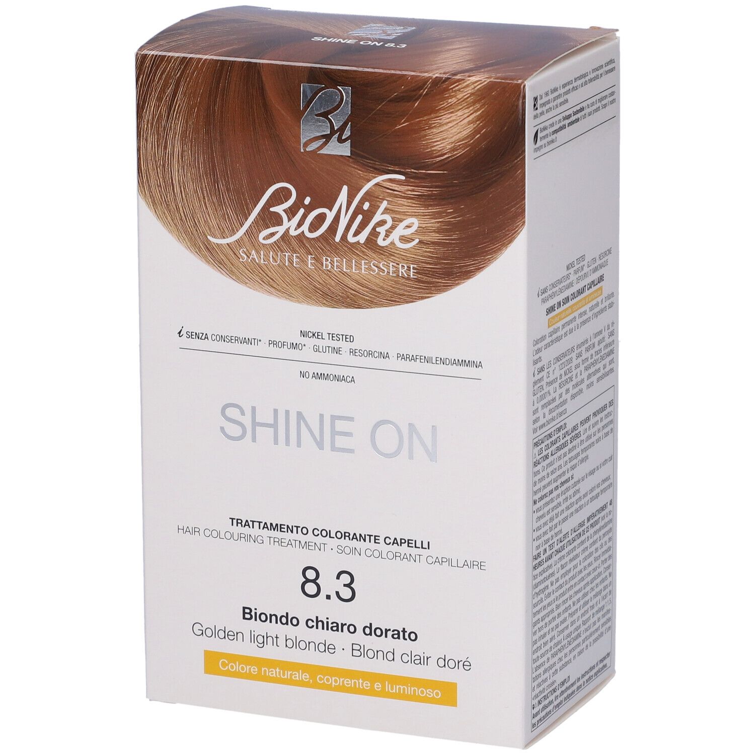 BioNike Shine On 8.3 Haarfarbepackung. Goldblond. Aufdrucke: Nickel Tested, Shine On, Blond chiaro dorato.