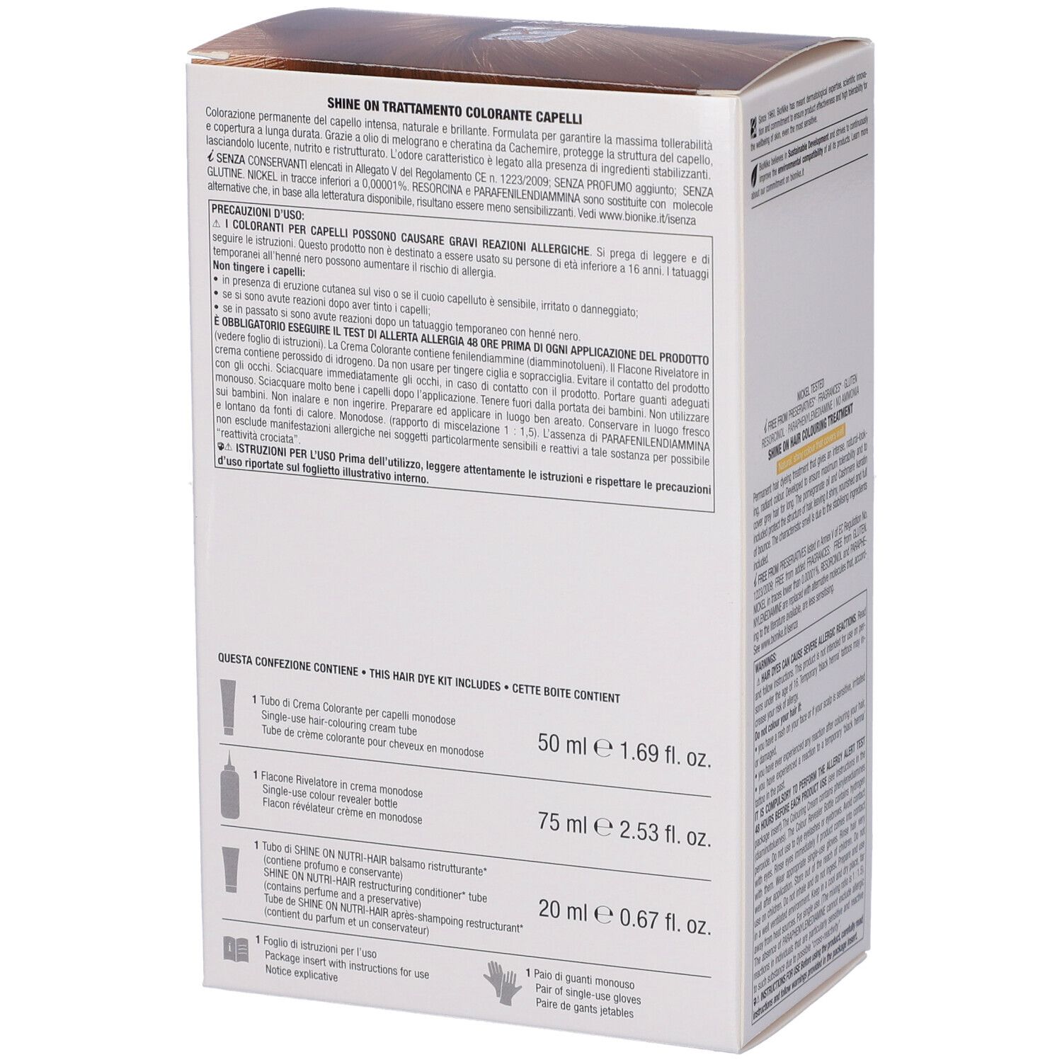 Rückseite der BioNike Shine On 8.3 Haarfarbepackung. Text und Inhaltsangaben. Enthält 50 ml, 75 ml und 20 ml.
