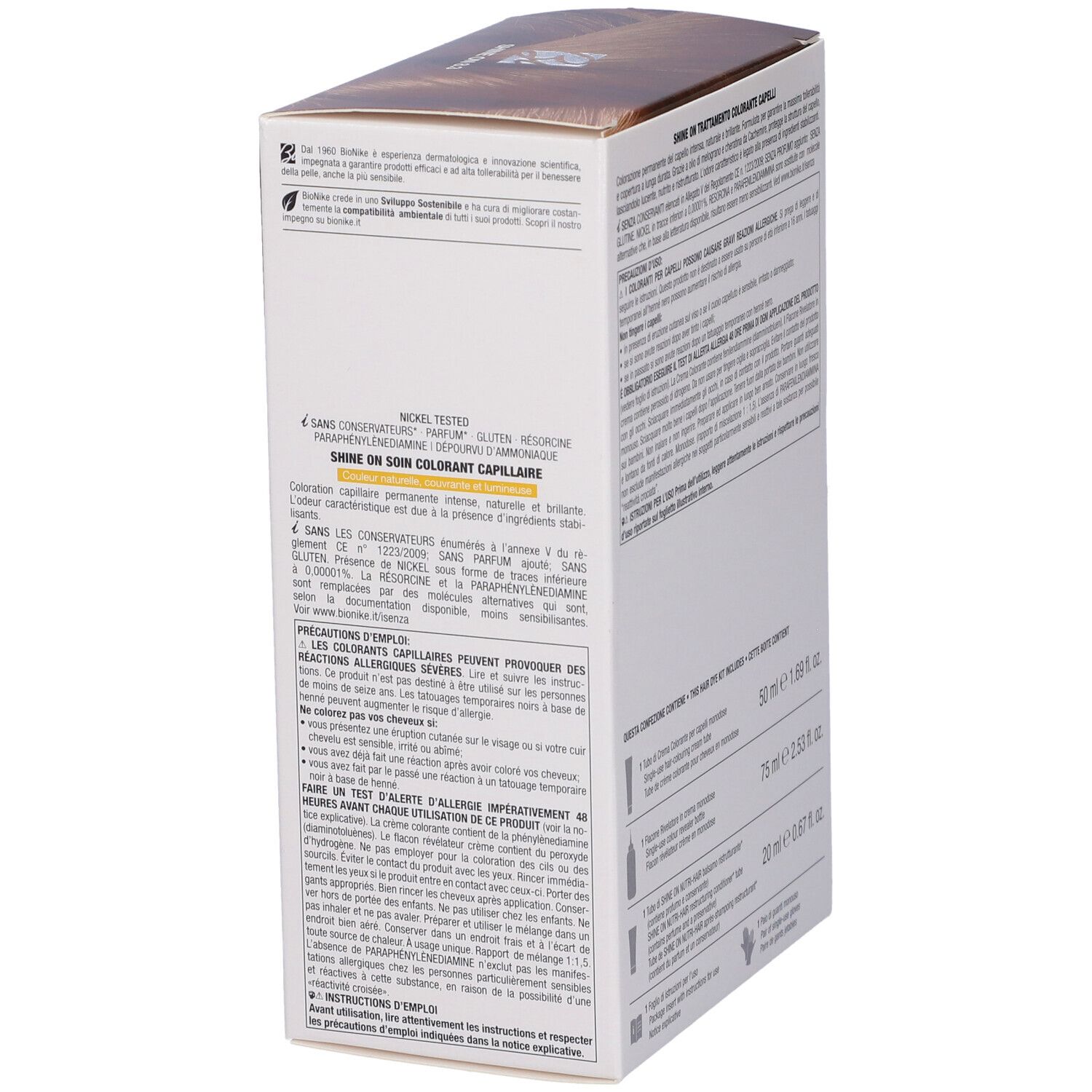 BioNike Shine On 8.3 Haarfarbepackung. Rückseite mit Text. Enthält 50 ml, 75 ml und 20 ml.