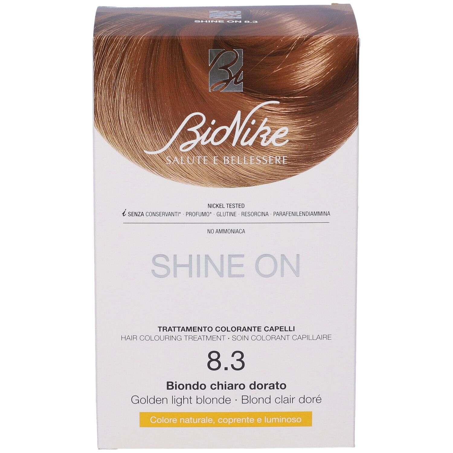 BioNike Shine On 8.3 Haarfarbepackung. Goldblond. Aufdrucke: Nickel Tested, Shine On, Blond chiaro dorato.