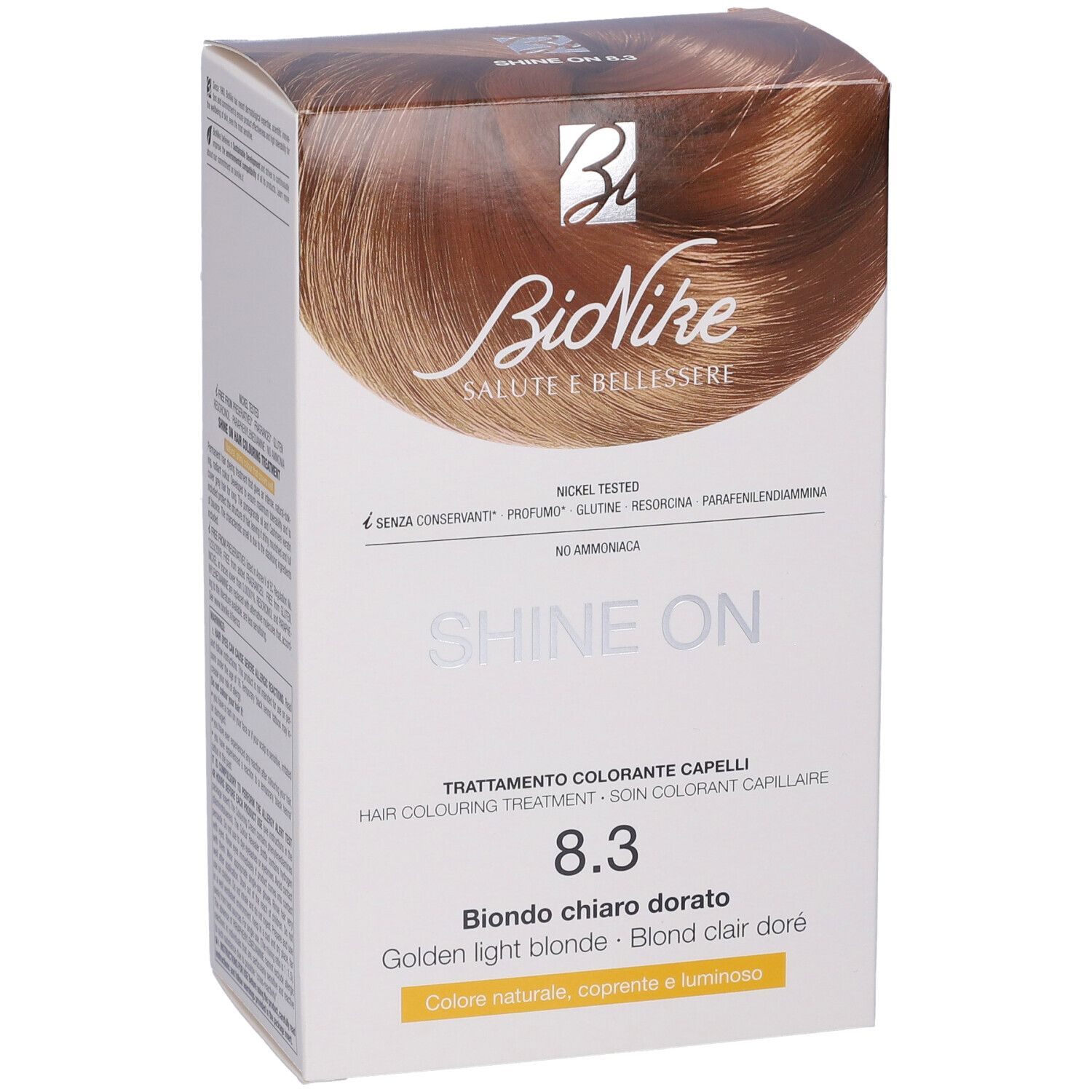 BioNike Shine On 8.3 Haarfarbepackung. Goldblond. Aufdrucke: Nickel Tested, Shine On, Blond chiaro dorato.