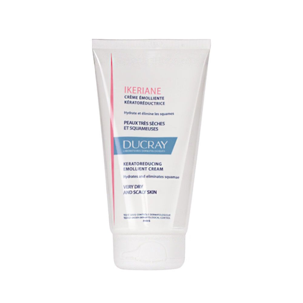 Tube blanc Ikeriane, logo Ducray. Inscriptions en français et anglais. Pour peaux très sèches et squameuses.