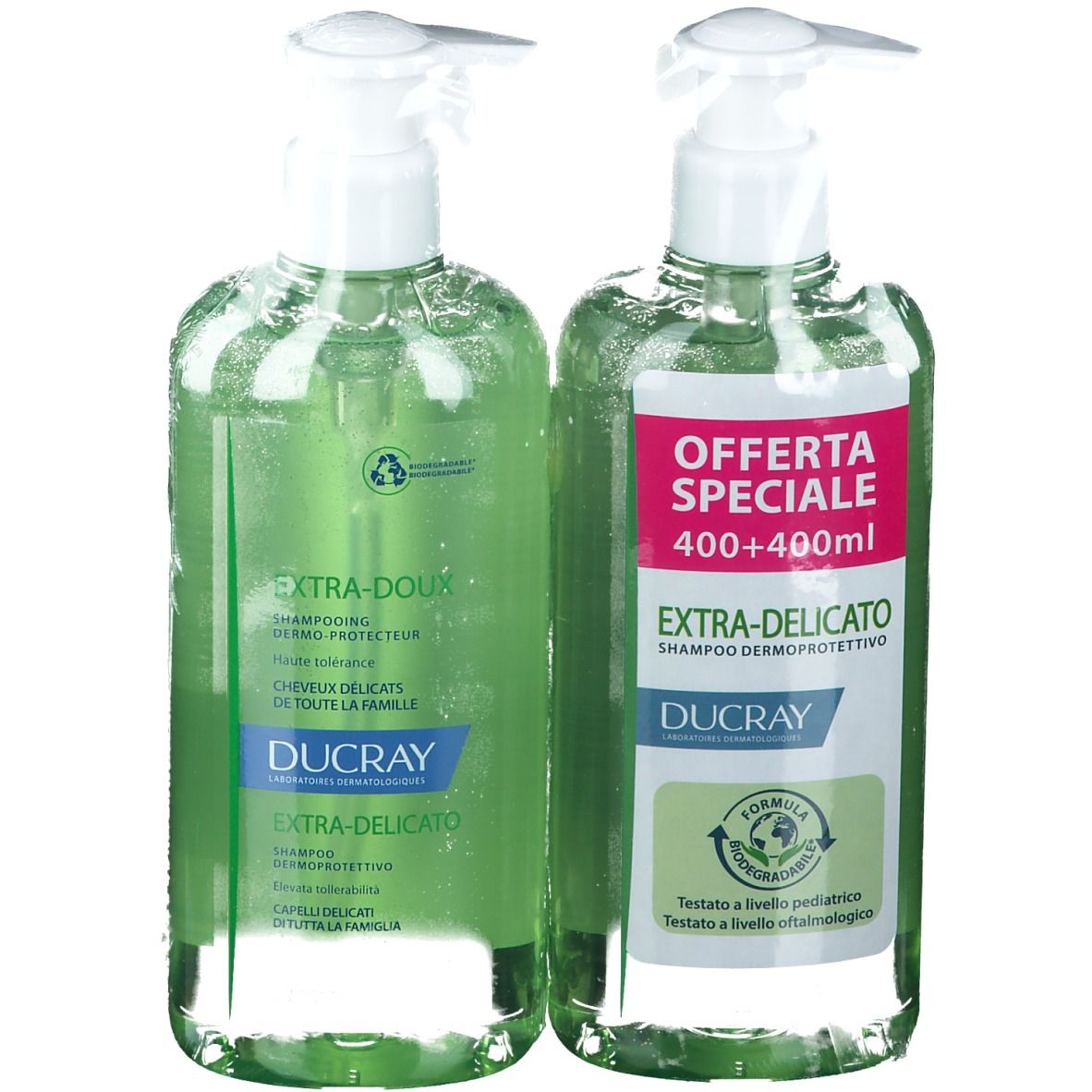 Deux flacons verts de shampooing. Inscriptions Extra-Doux et Extra-Delicato. Avec pompe et logo Ducray.