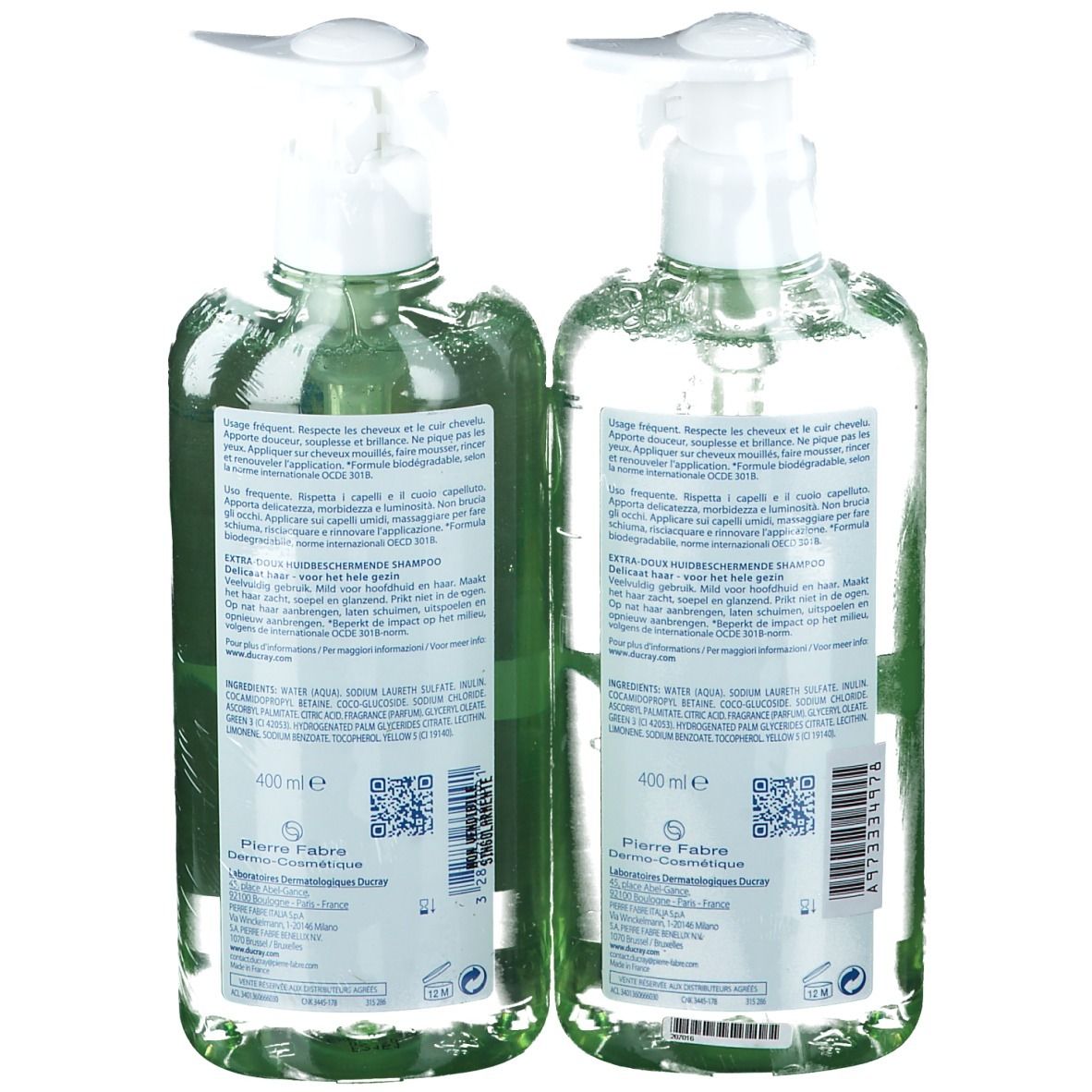 Dos de deux flacons de shampooing verts. Texte en français et italien. Avec pompe et code QR.