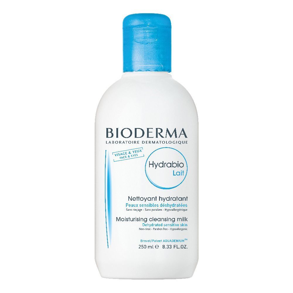 Flacone bianco con tappo blu. Scritta: BIODERMA, Hydrabio Lait. Latte detergente idratante per pelli sensibili disidratate.