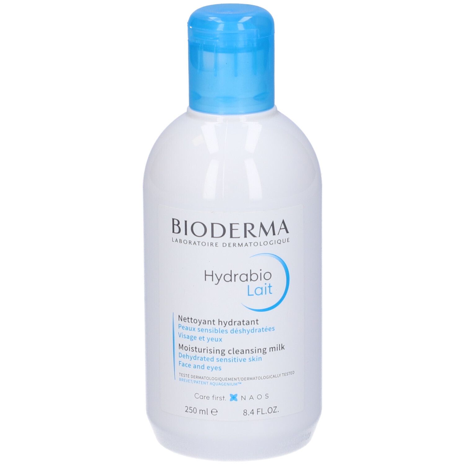 Flacone bianco con tappo blu. Scritta: BIODERMA, Hydrabio Lait. Latte detergente idratante per pelli sensibili disidratate.
