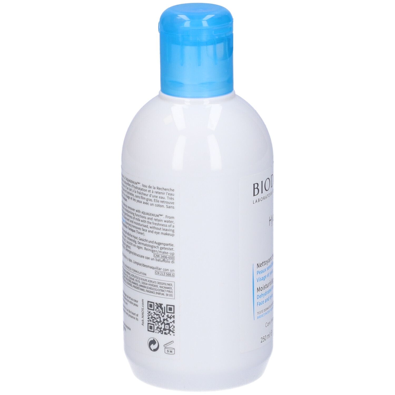 Flacone bianco con tappo blu. Scritta: BIODERMA, Hydrabio Lait. Retro con testo e codice QR. 250 ml.