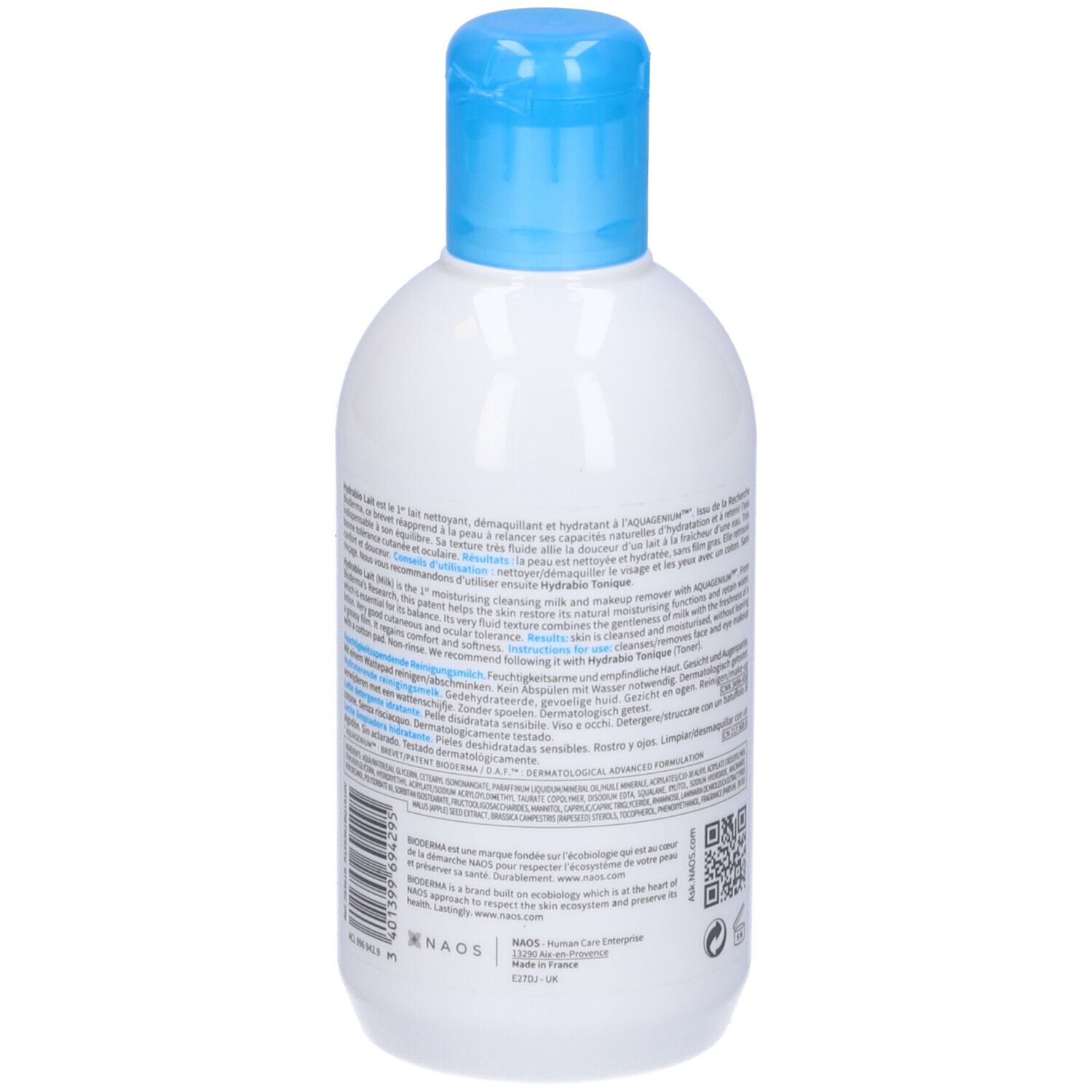 Flacone bianco con tappo blu. Scritta: BIODERMA, Hydrabio Lait. Retro con testo e codice QR. 250 ml.