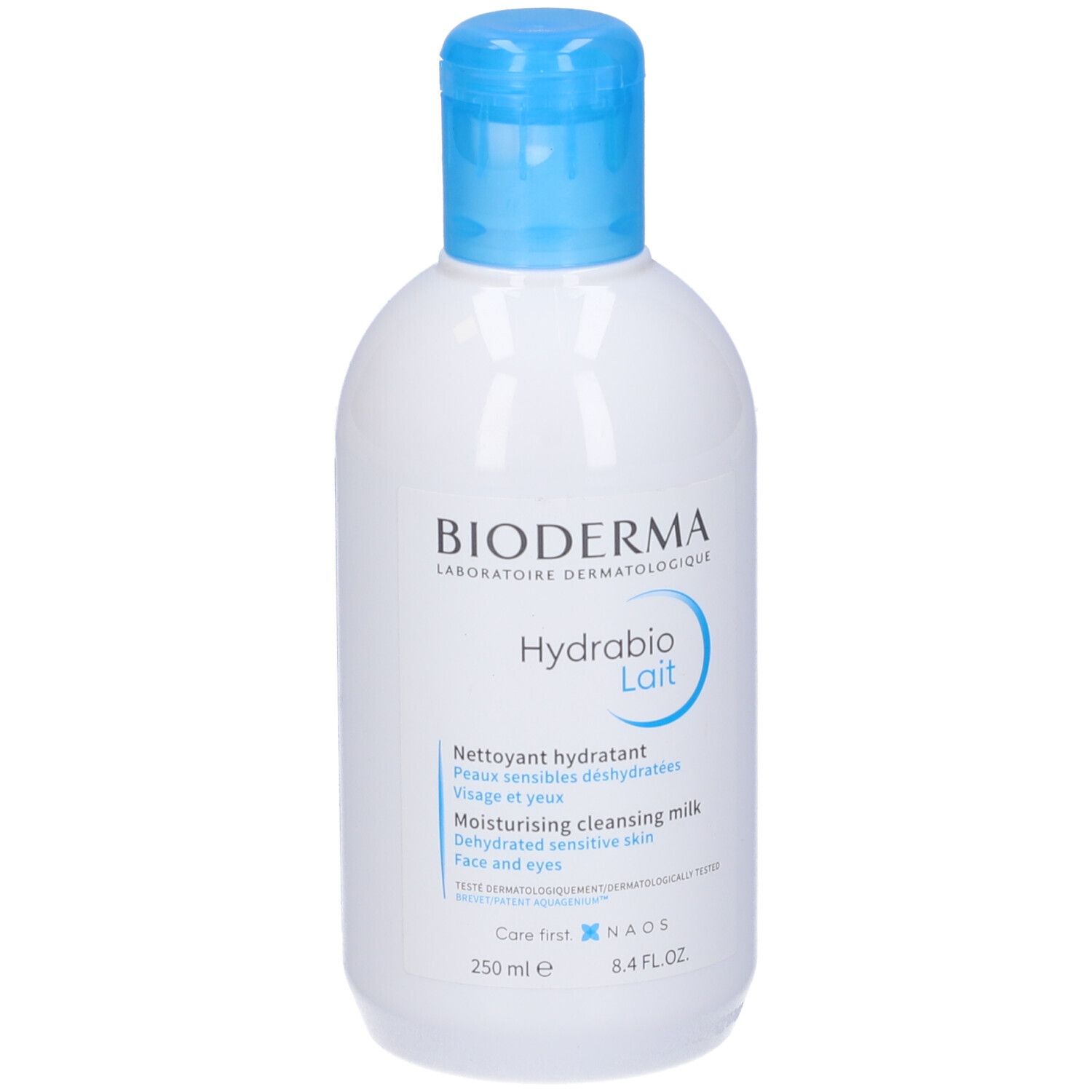 Flacone bianco con tappo blu. Scritta: BIODERMA, Hydrabio Lait. Latte detergente idratante per pelli sensibili disidratate.