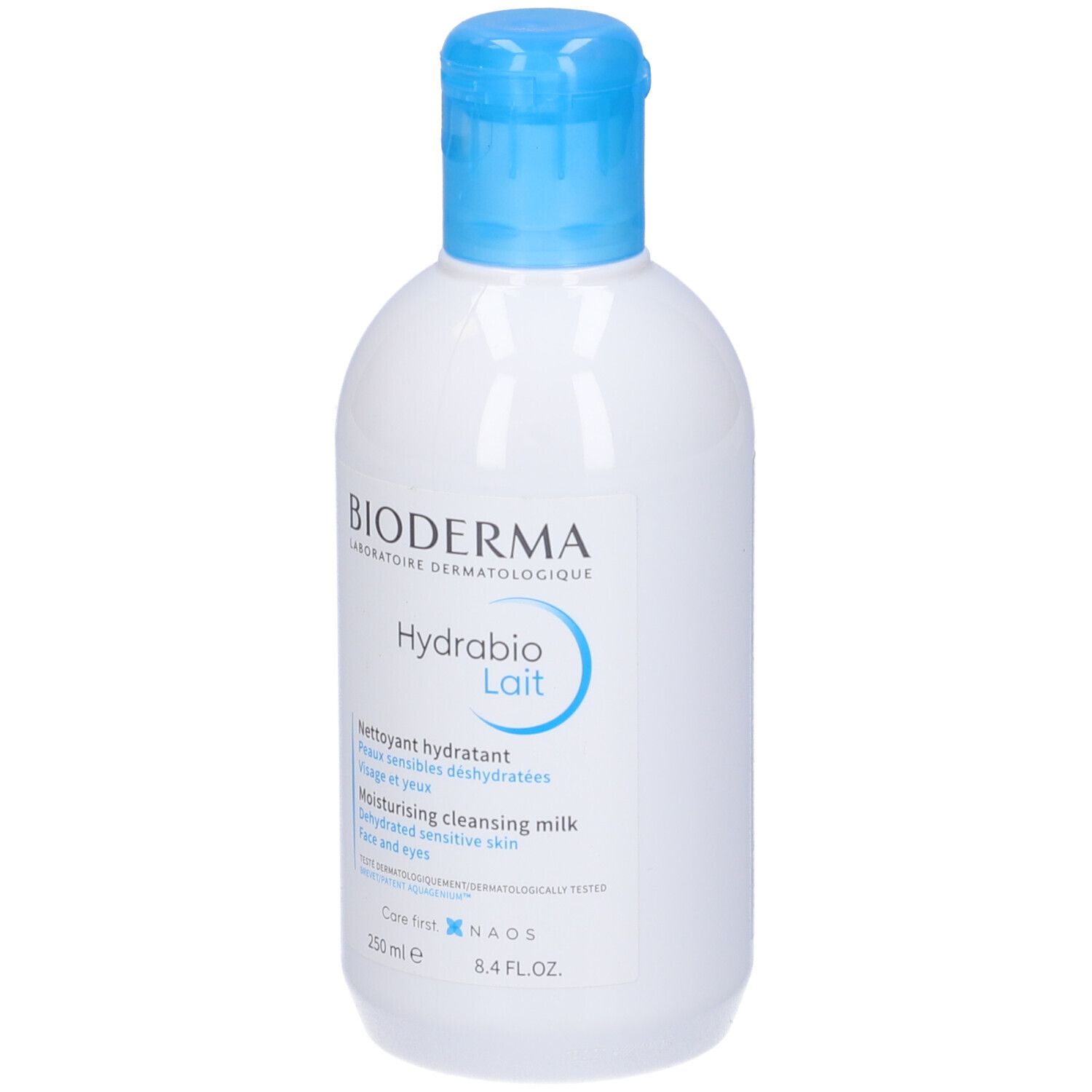 Flacone bianco con tappo blu. Scritta: BIODERMA, Hydrabio Lait. Latte detergente idratante per pelli sensibili disidratate.