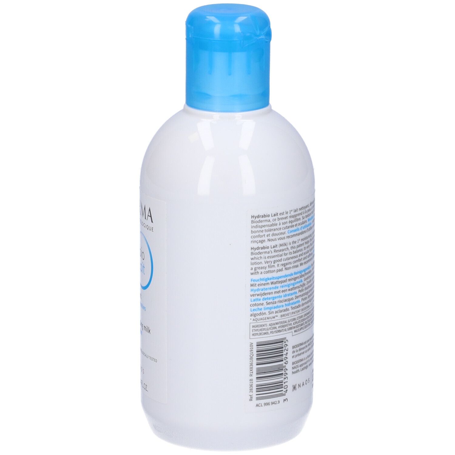 Flacone bianco con tappo blu. Scritta: BIODERMA, Hydrabio Lait. Retro con testo e codice QR. 250 ml.