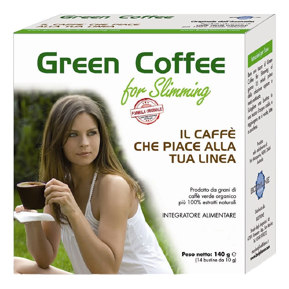 Confezione di Green Coffee for Slimming. Scritta e immagine di donna con tazza. 140g.