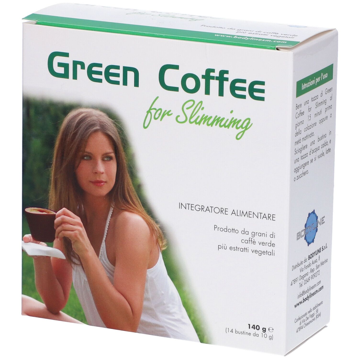 Confezione di Green Coffee for Slimming. Scritta e immagine di donna con tazza. 140g.