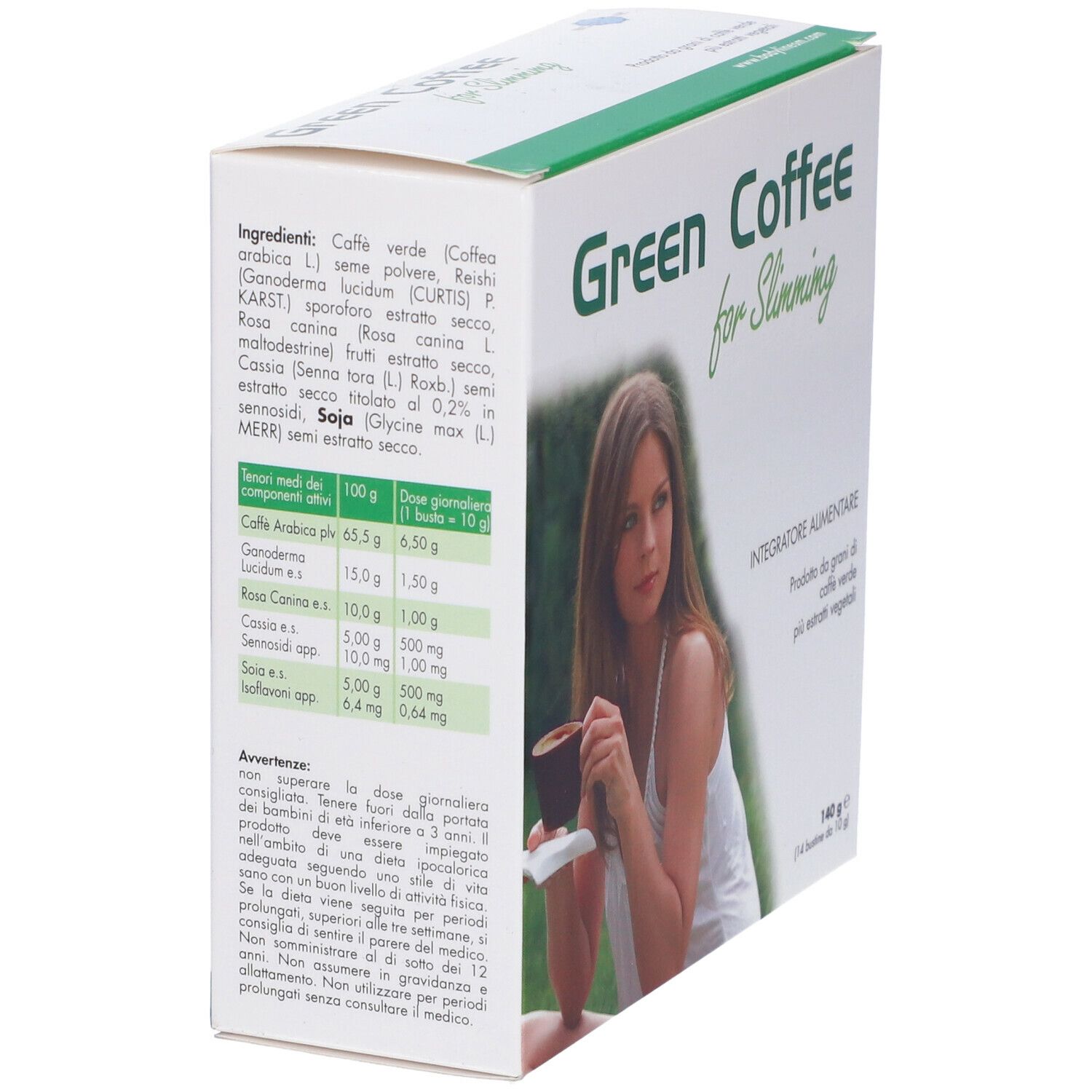Confezione di Green Coffee for Slimming. Lista ingredienti, donna con tazza. 140g.