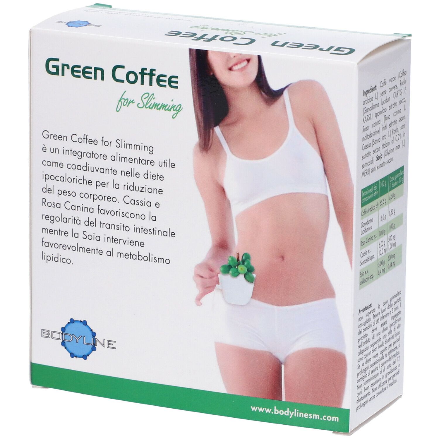 Confezione di Green Coffee for Slimming. Scritta e immagine di donna con tazza. 140g.